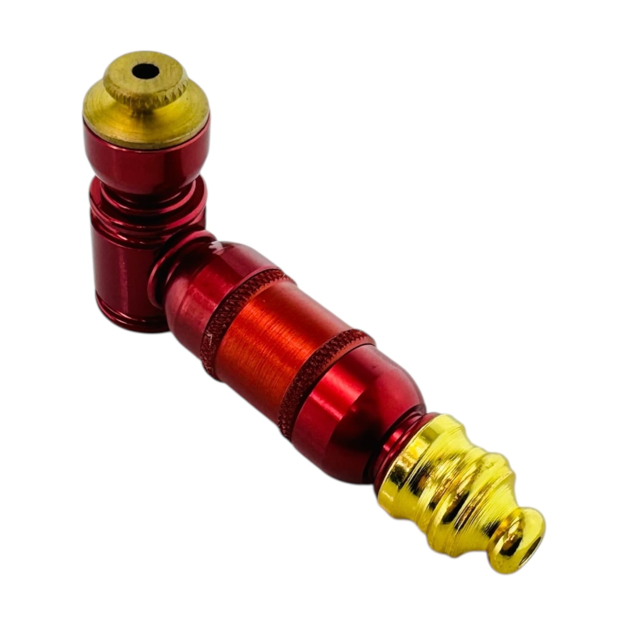 Small Red And Gold Extended Mini Chamber Hand Pipe With Cap on a white background