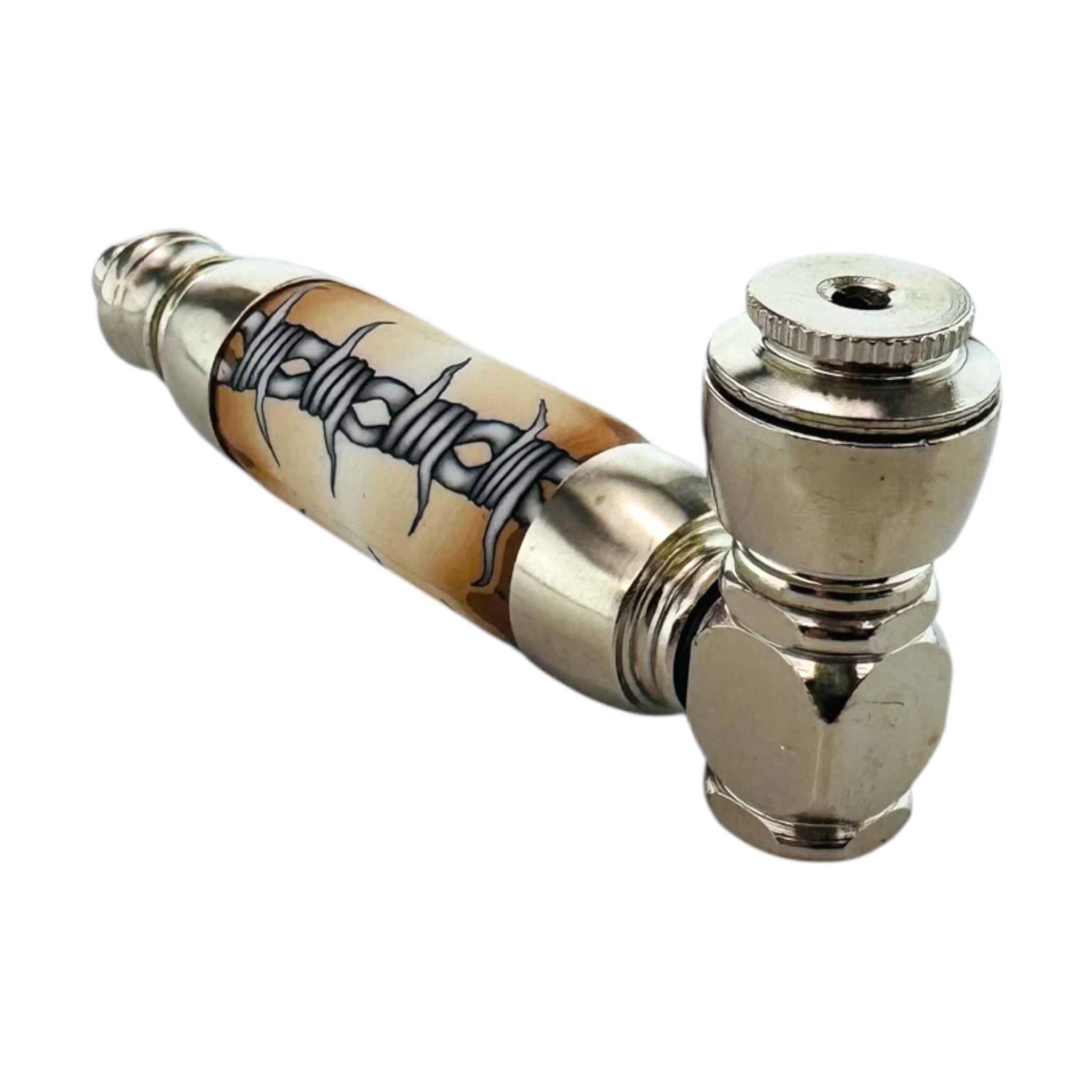 Metallic pipe with decorative barbwire design on a white background