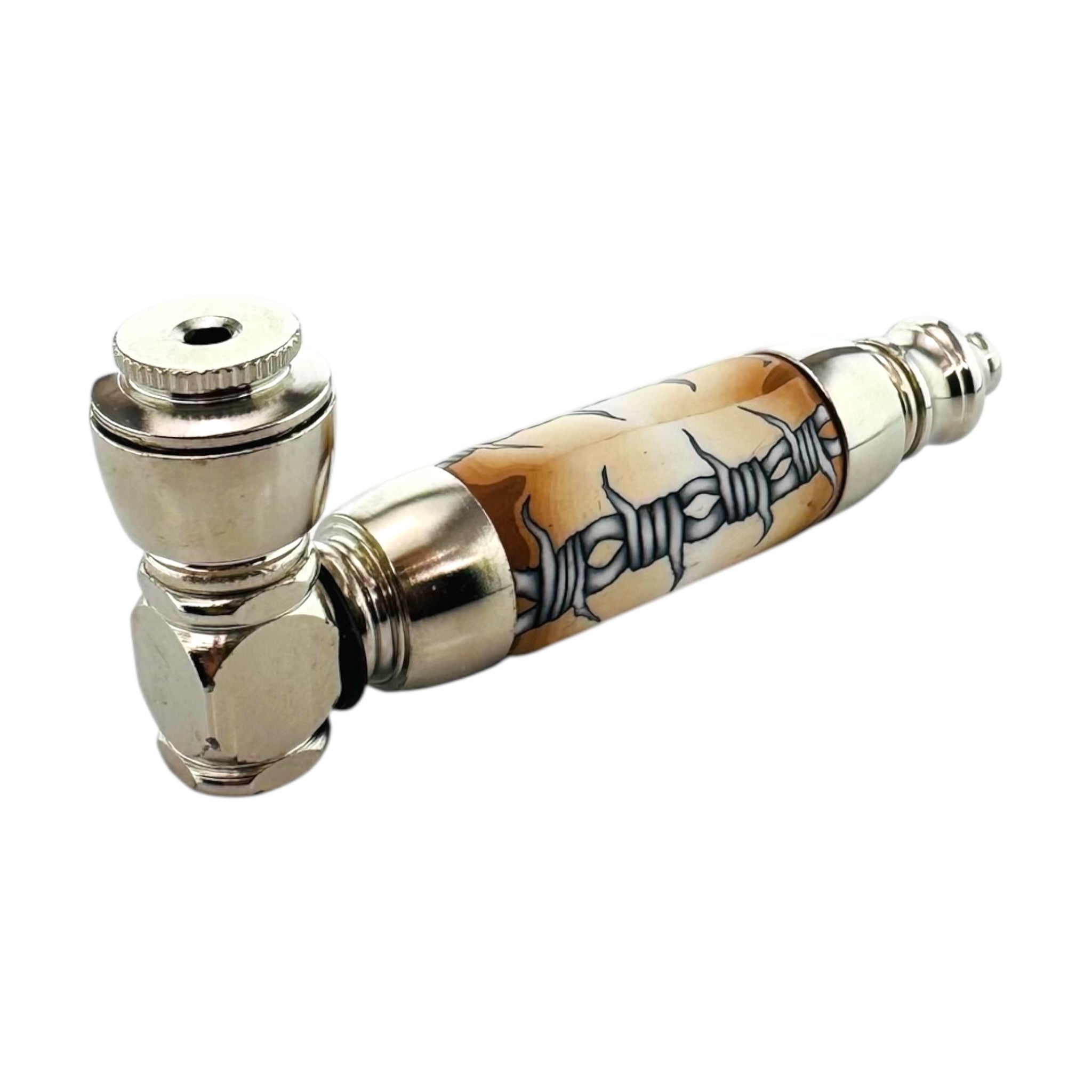 Metallic pipe with decorative barbwire design on a white background