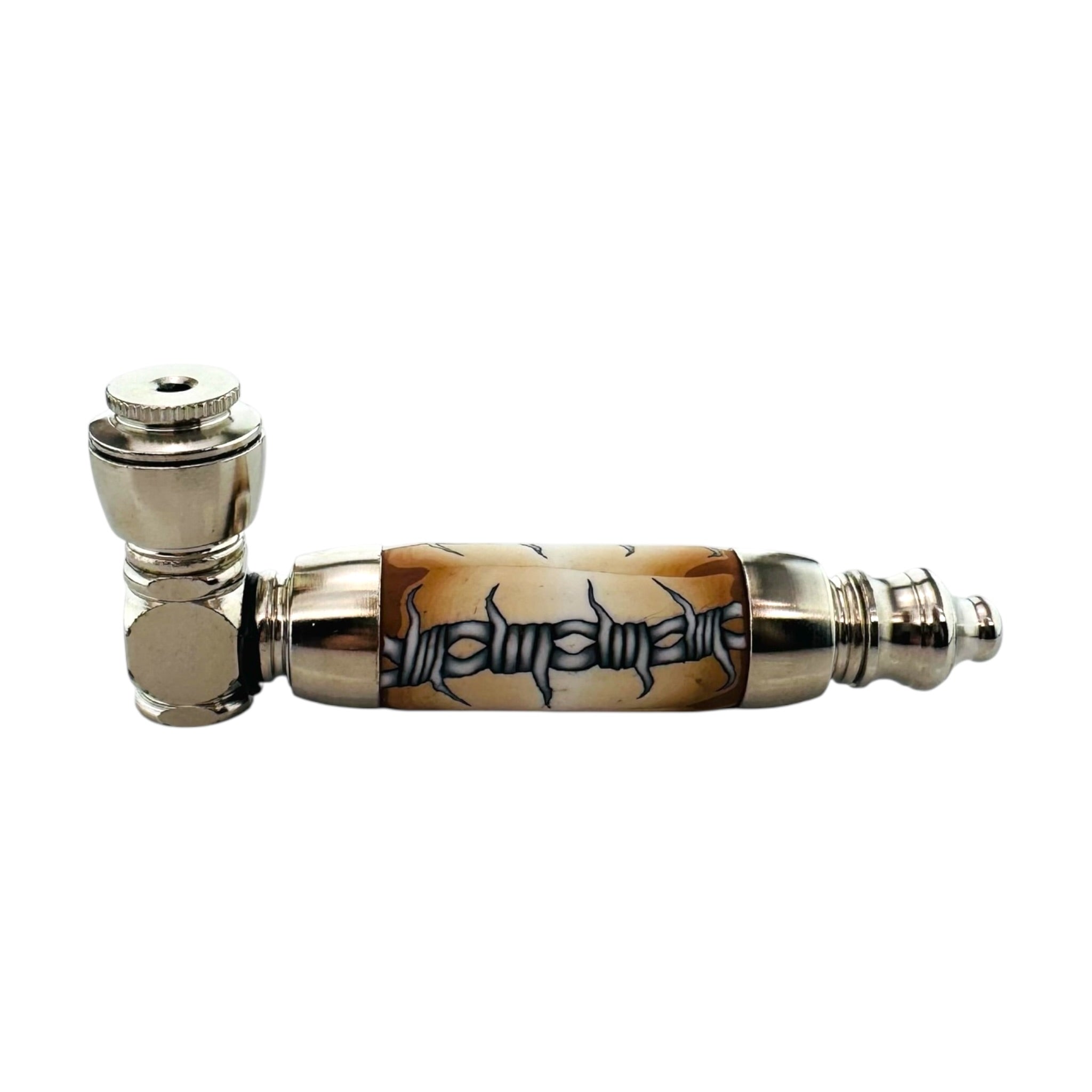 Metallic pipe with decorative barbwire design on a white background5