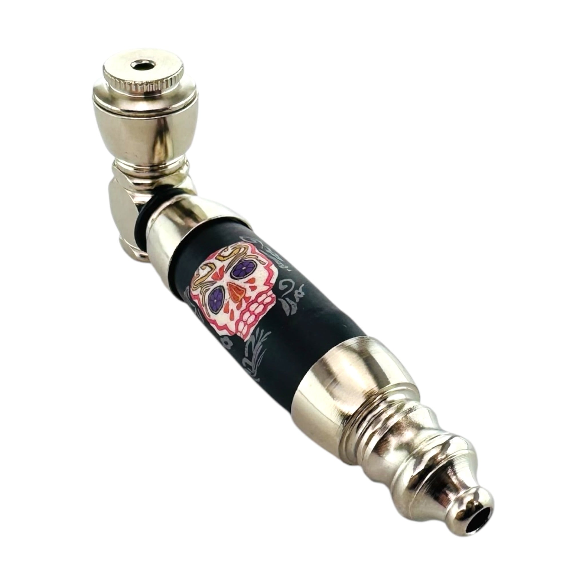 Large Chamber Metal Smoking Pipe With Skull Candy on a white background