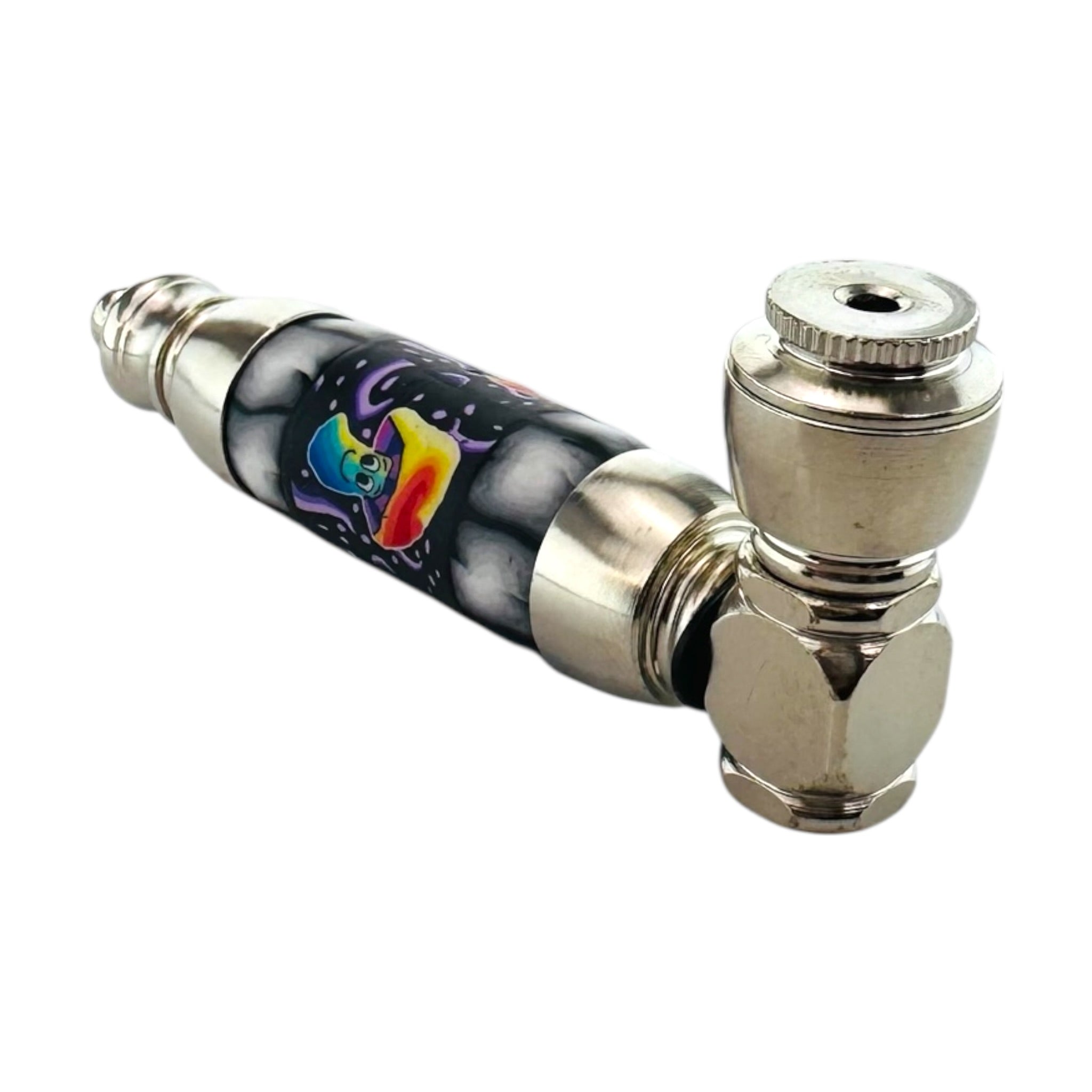 Metallic pipe with a colorful design on a white background