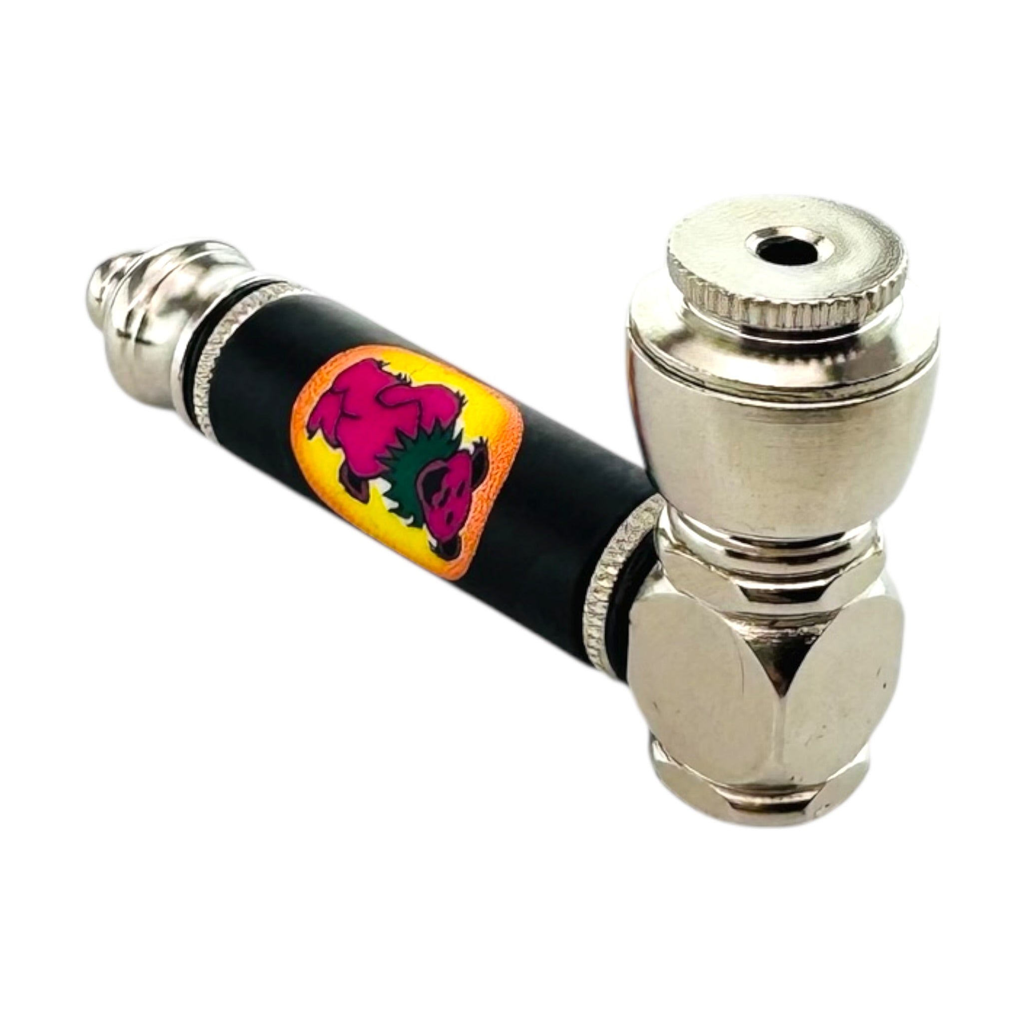 Metal Hand Pipes - Silver Chrome Hand Pipe With Red Dancing Bear