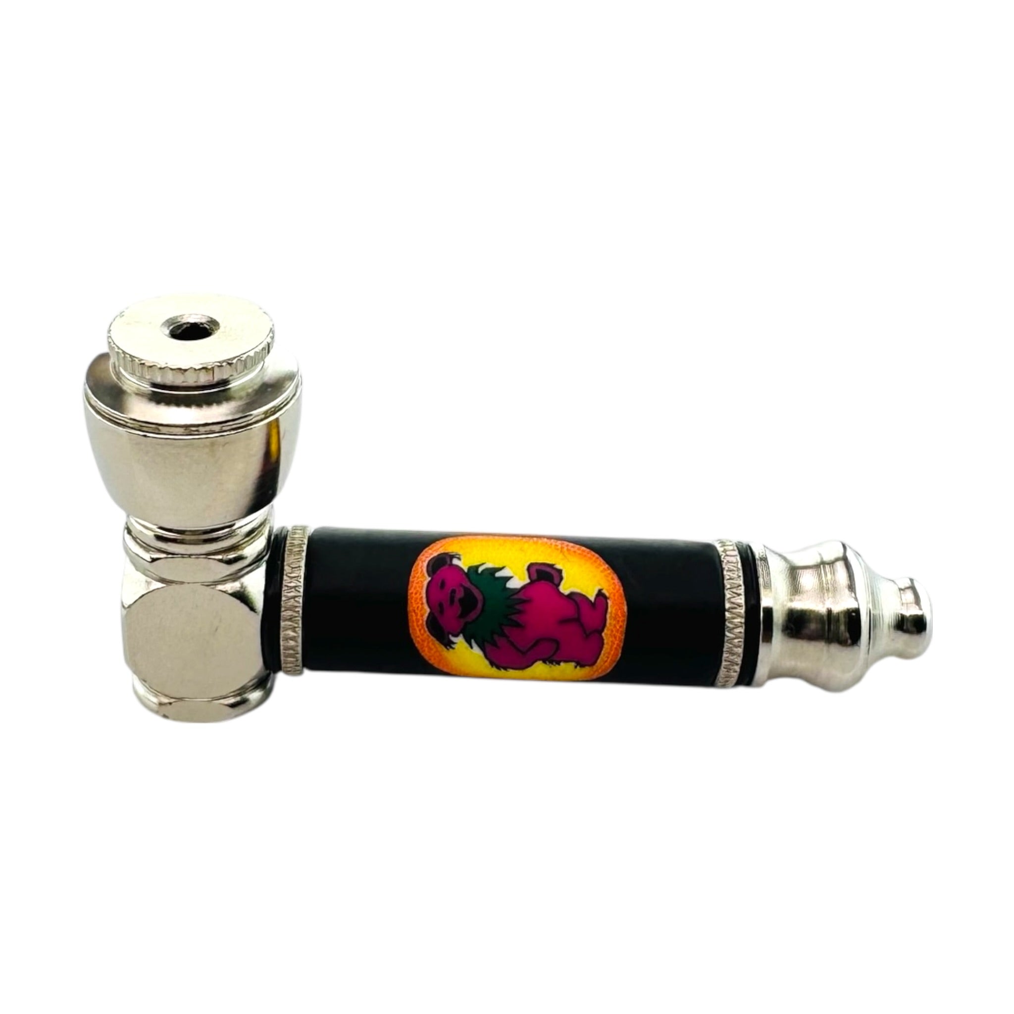 Metal Hand Pipes - Silver Chrome Hand Pipe With Red Dancing Bear
