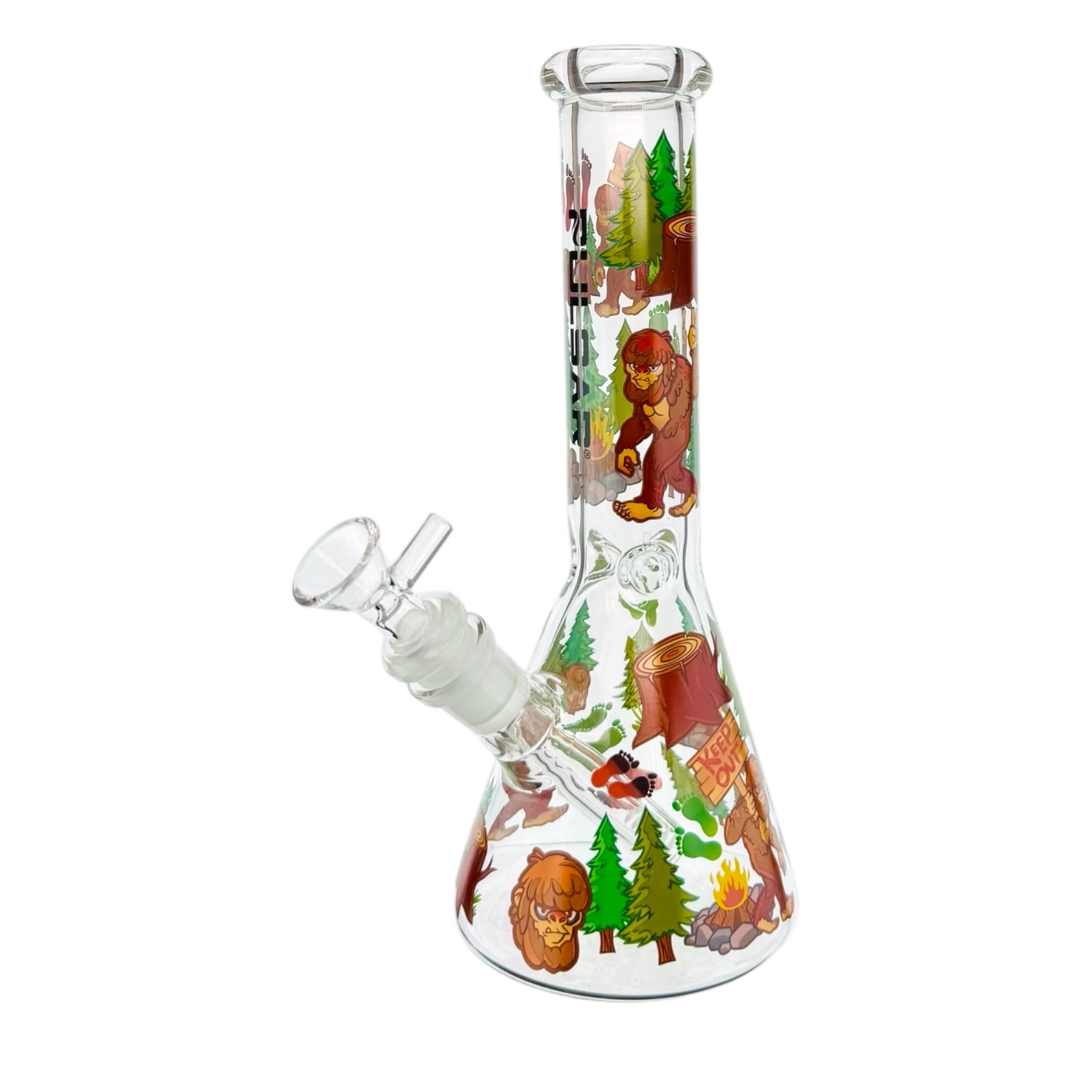 Glass smoking accessory with forest-themed design on a white background