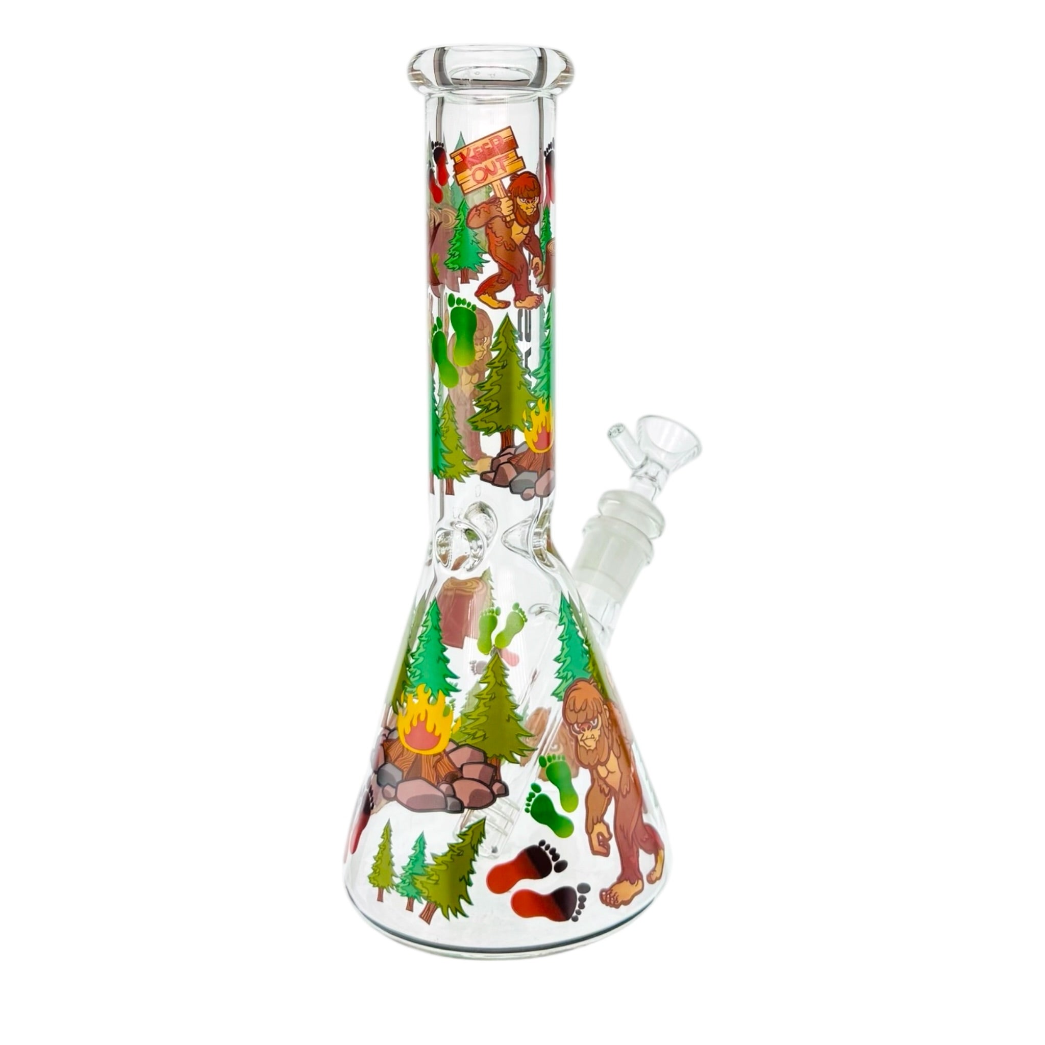 Glass smoking water pipe with cartoon-style big foot and forest design on a white background