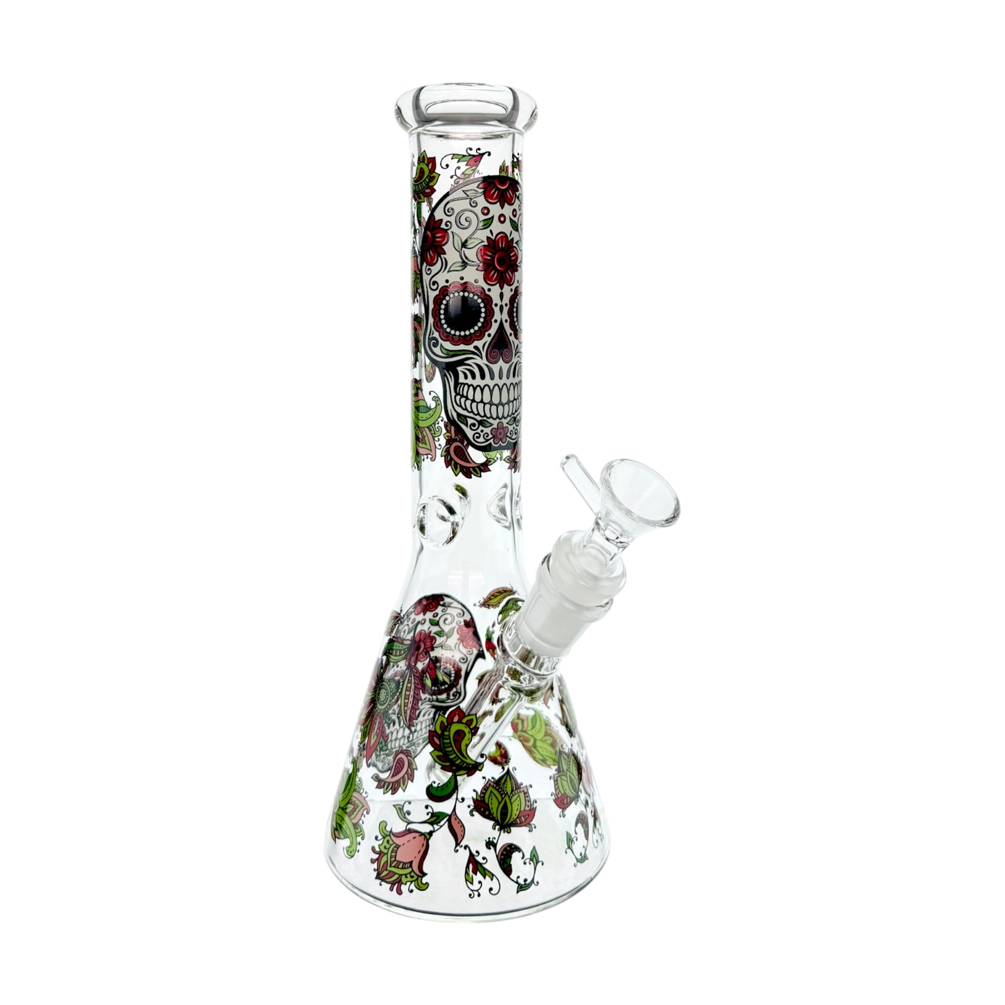 Clear Water Pipe Bong With Sugar Skull And Flowers Beaker 10 Inch on white background