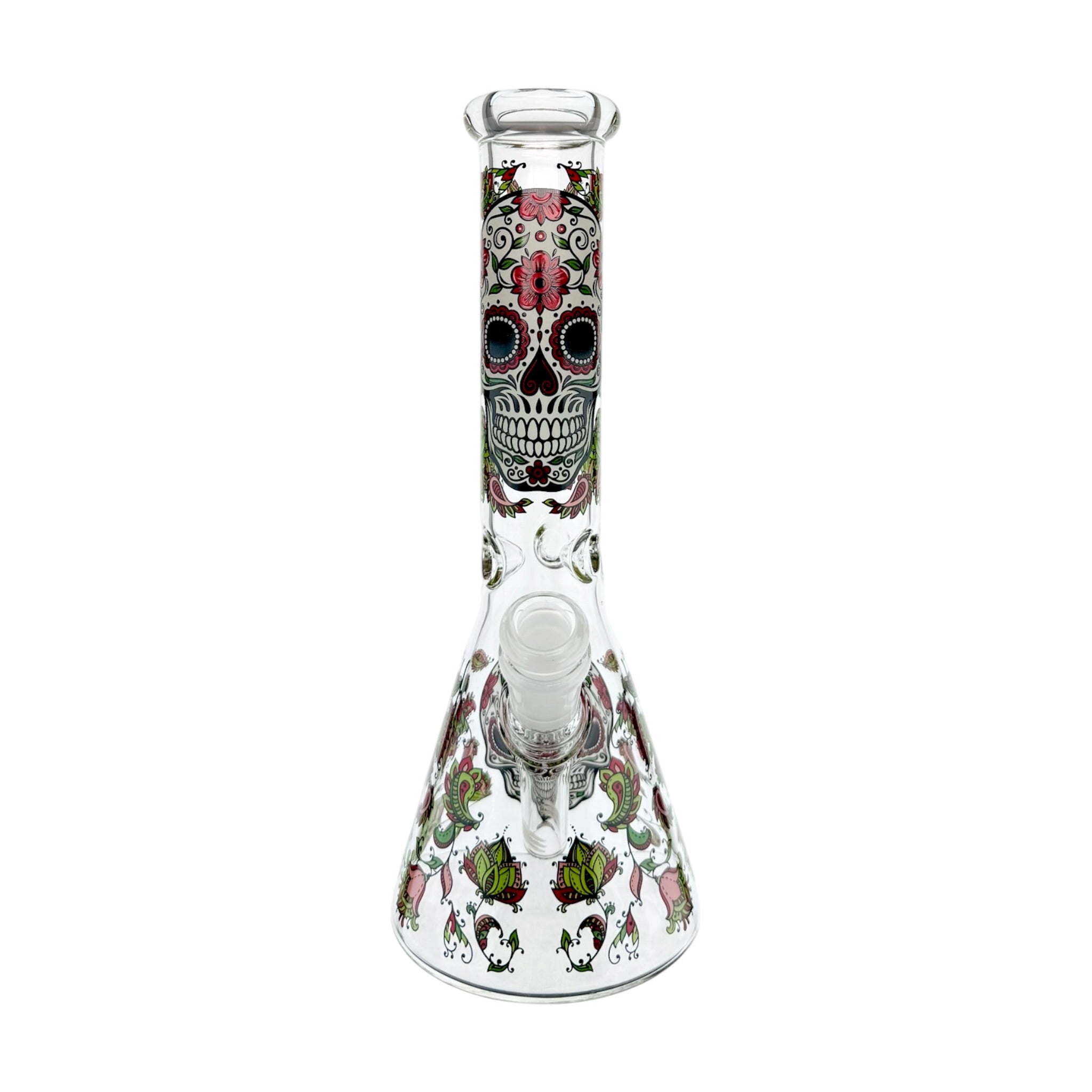 Clear Water Pipe Bong With Sugar Skull And Flowers Beaker 10 Inch on white background