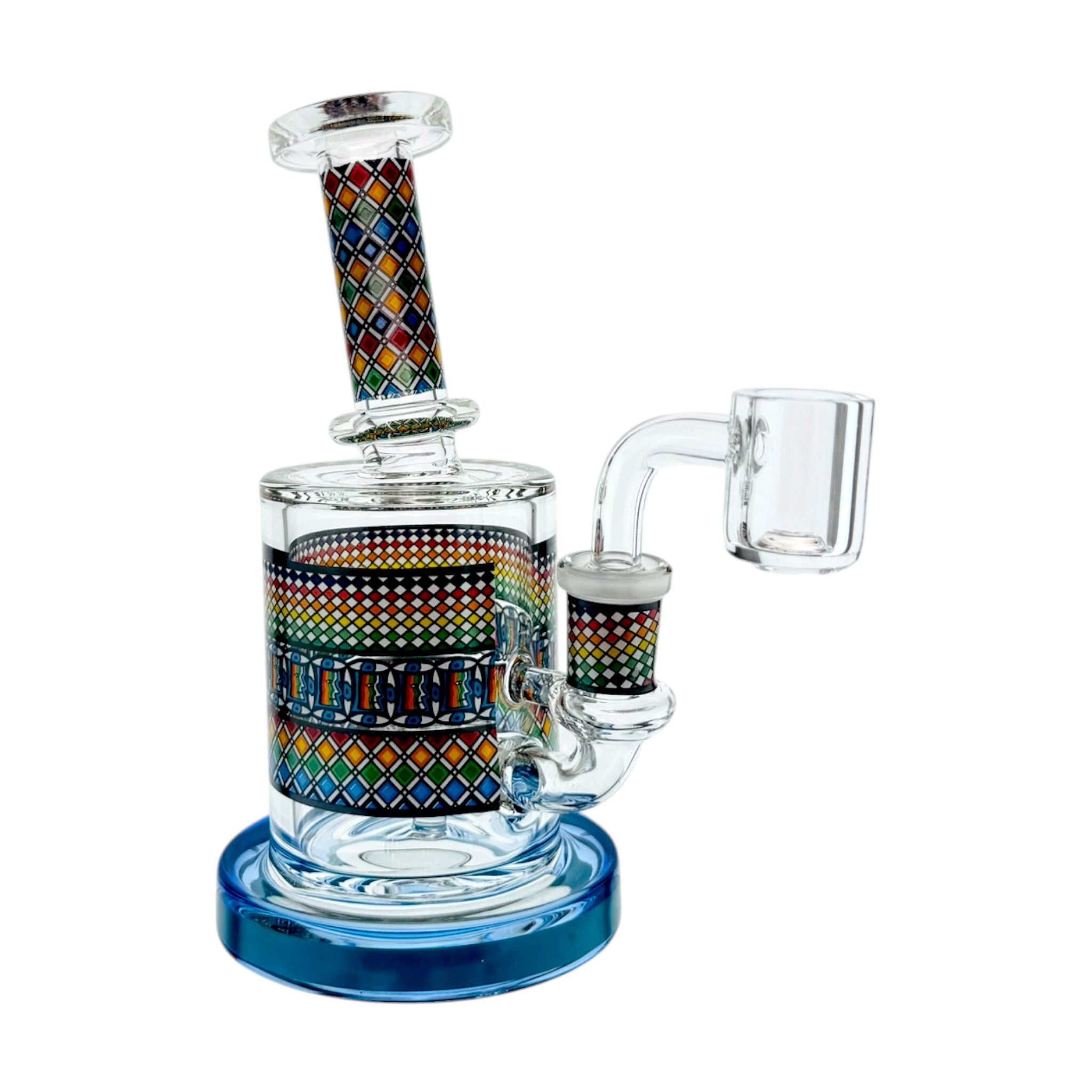 Glass smoking device with colorful pattern on a white background