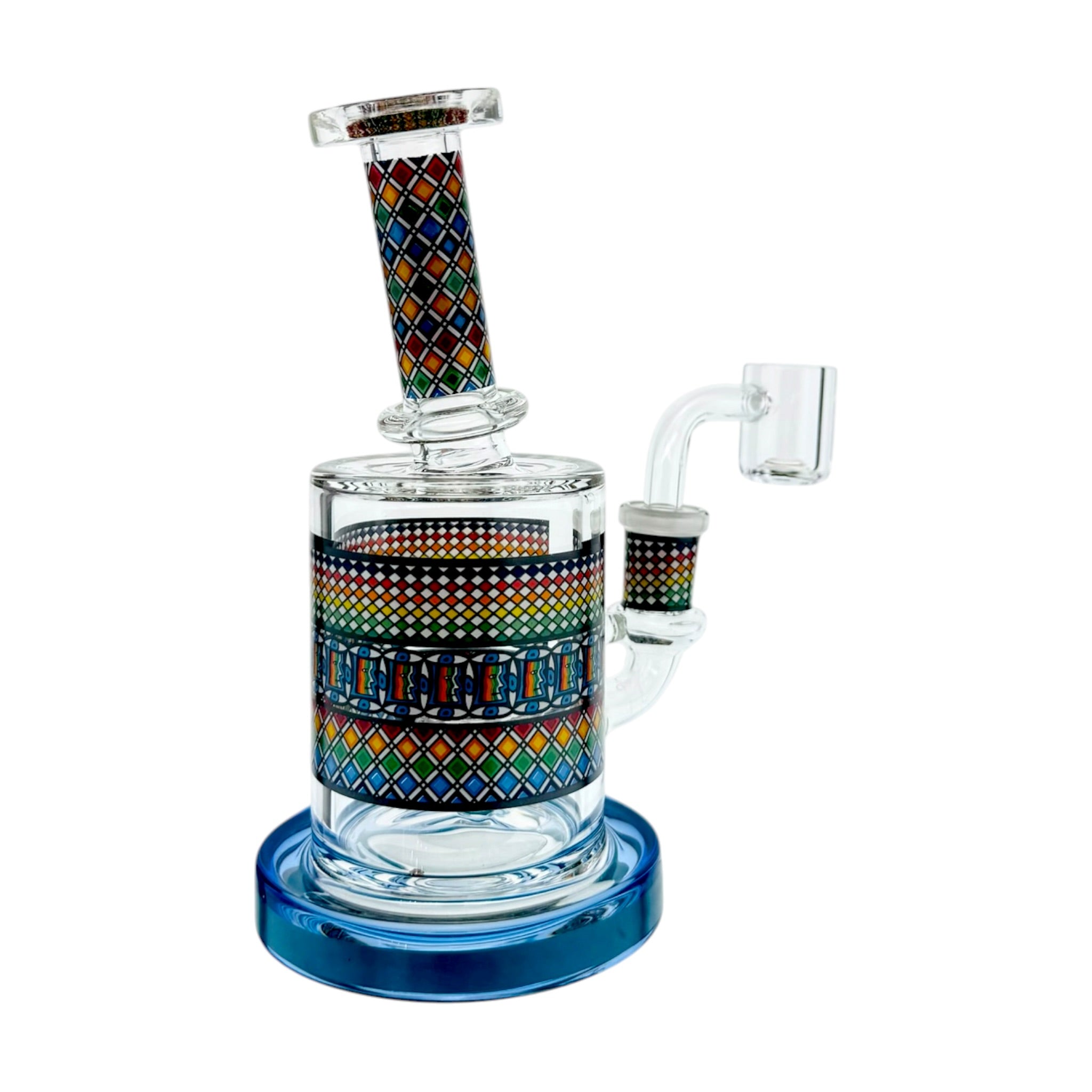 Glass smoking device with colorful patterned neck and base on a white background