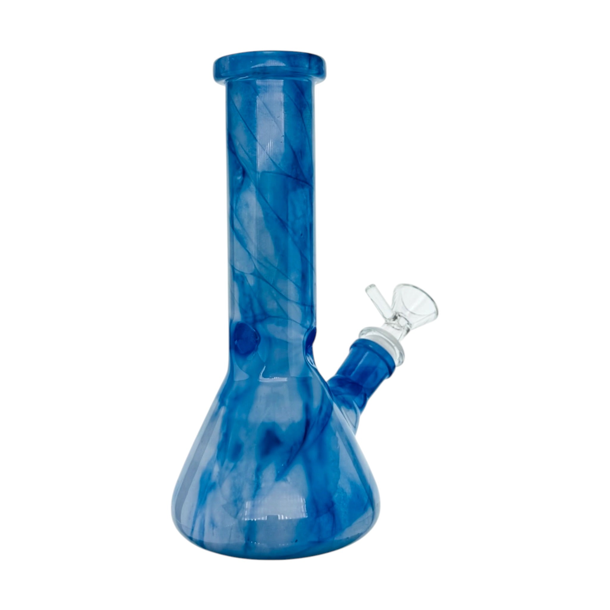 Blue marbled glass water pipe on a white background