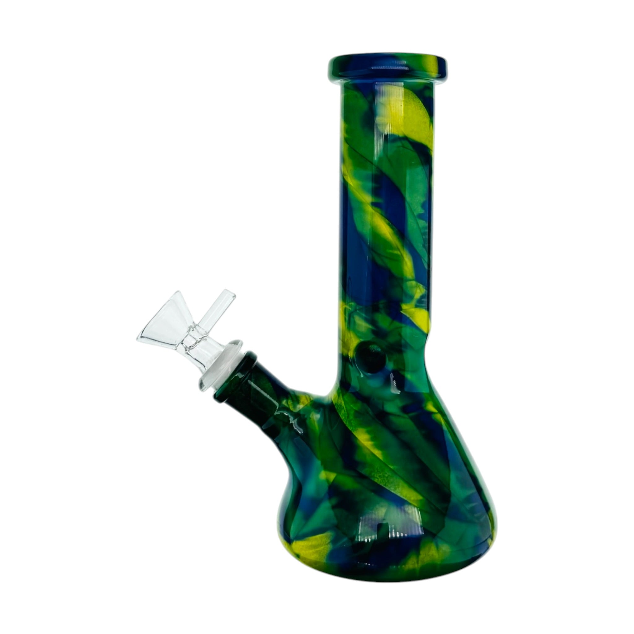 Glass bong with green and blue swirl pattern on a white background