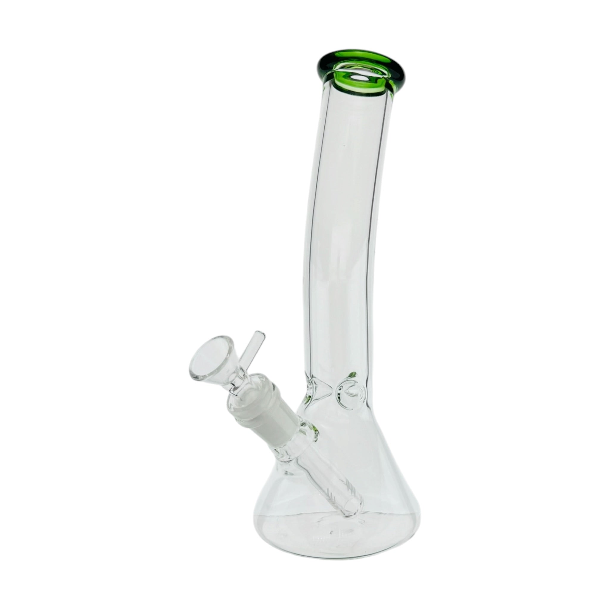 Clear glass water pipe with green accent on a white background