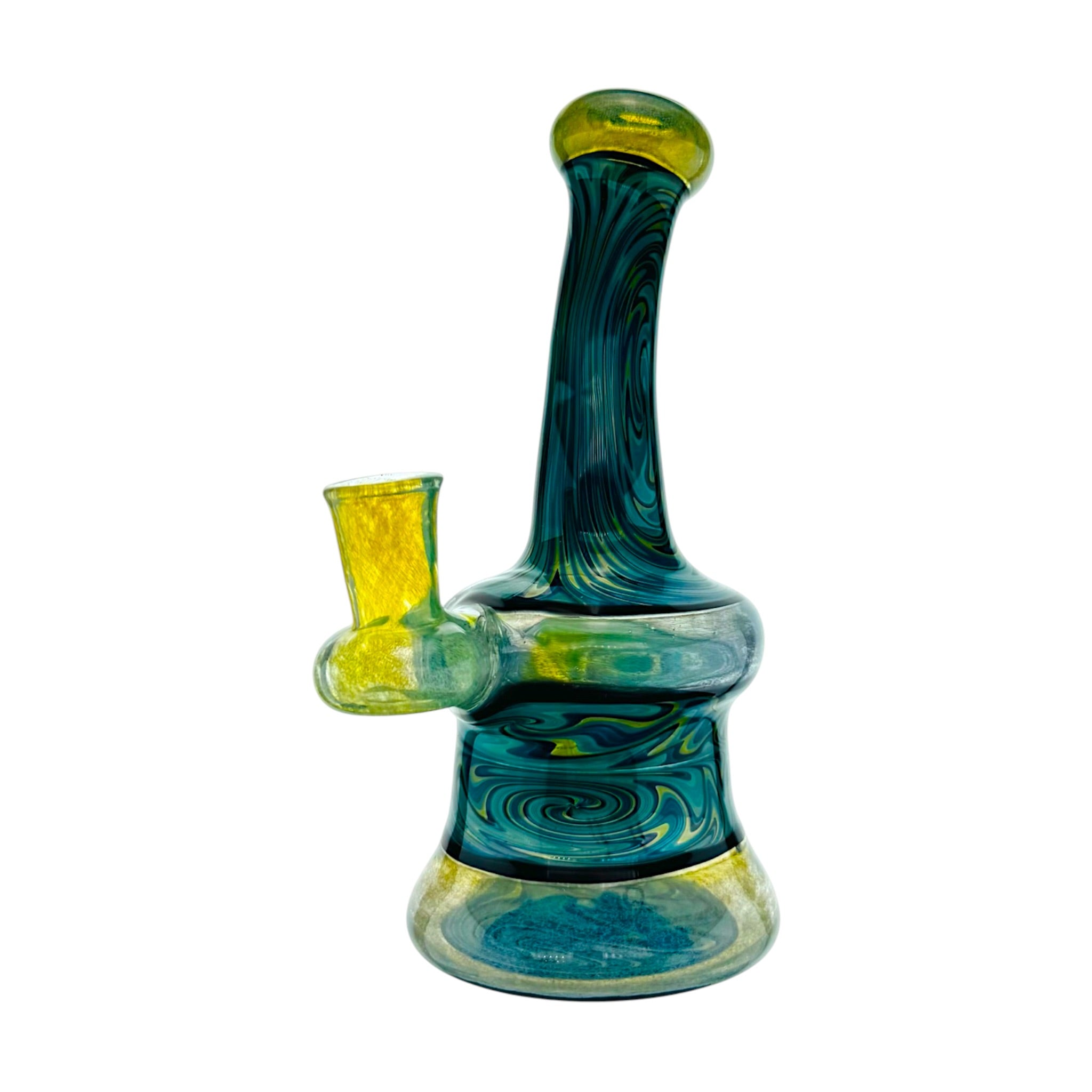 heady glass by artist Irene Glass Blue Green Yellow Linework water pipe Dab Rig With Fuming