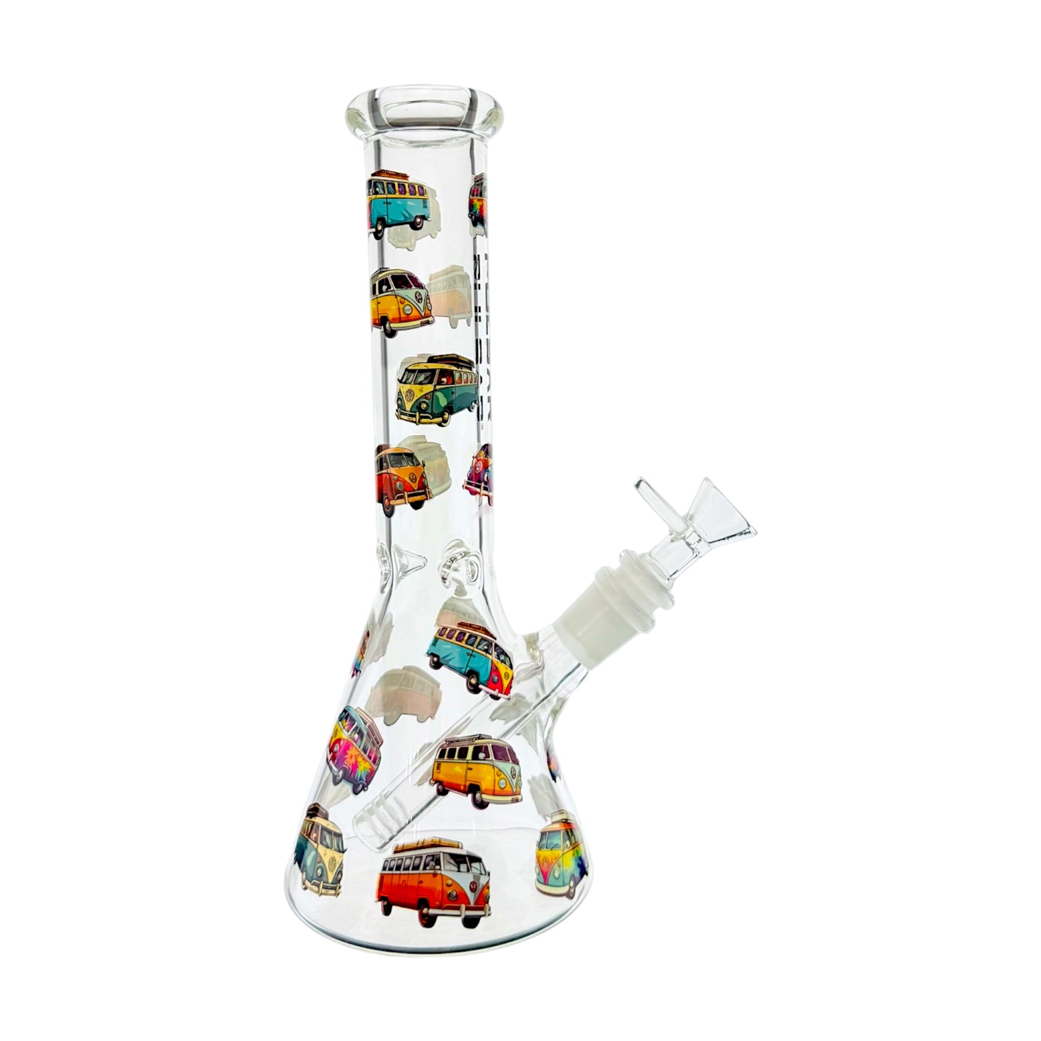 A clear glass beaker-style water pipe with a side bowl and mouthpiece, decorated with colorful retro VW bus illustrations in multiple vibrant colors, shown against a plain white background.