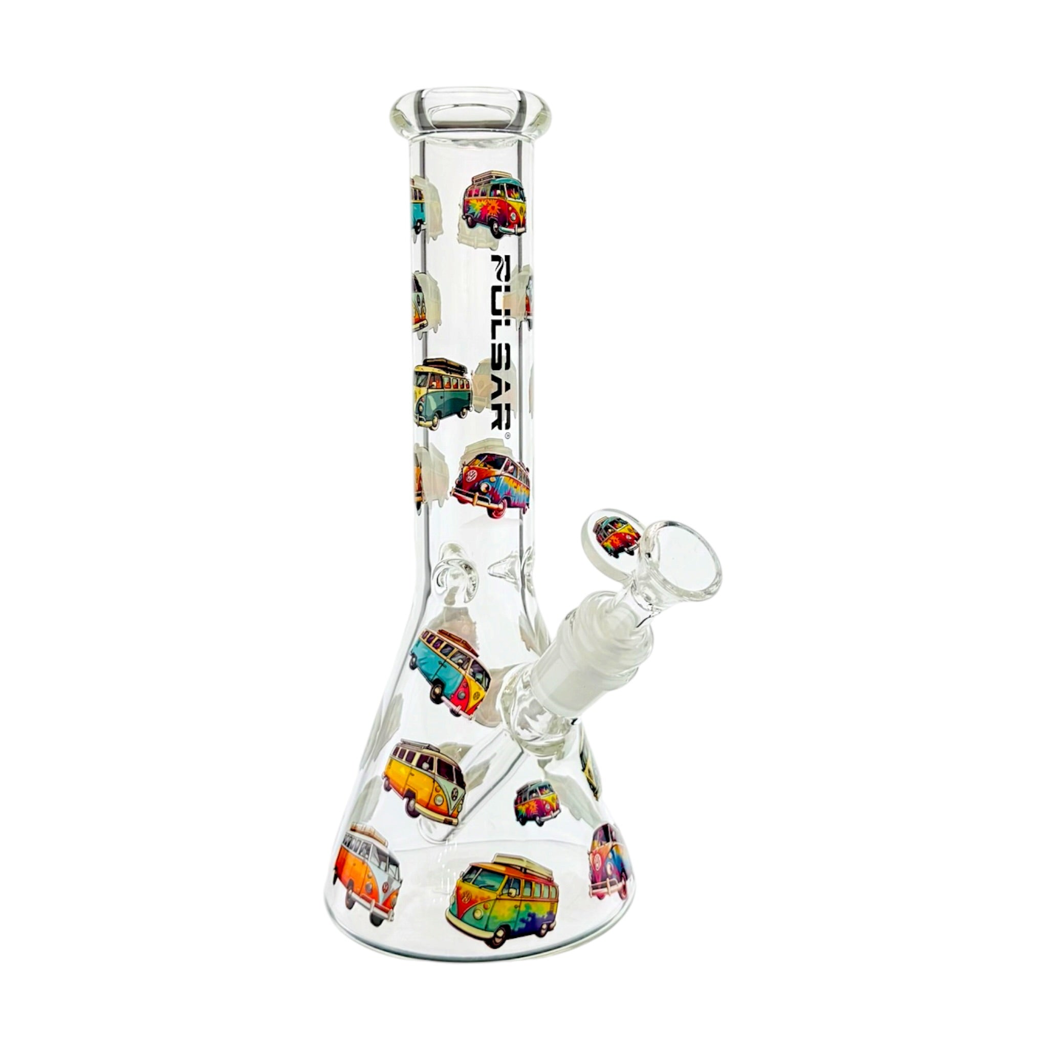 Clear glass water pipe with a conical base, angled bowl, and neck decorated with colorful retro VW bus illustrations and vertical 'PULSAR' branding, shown on a white background.