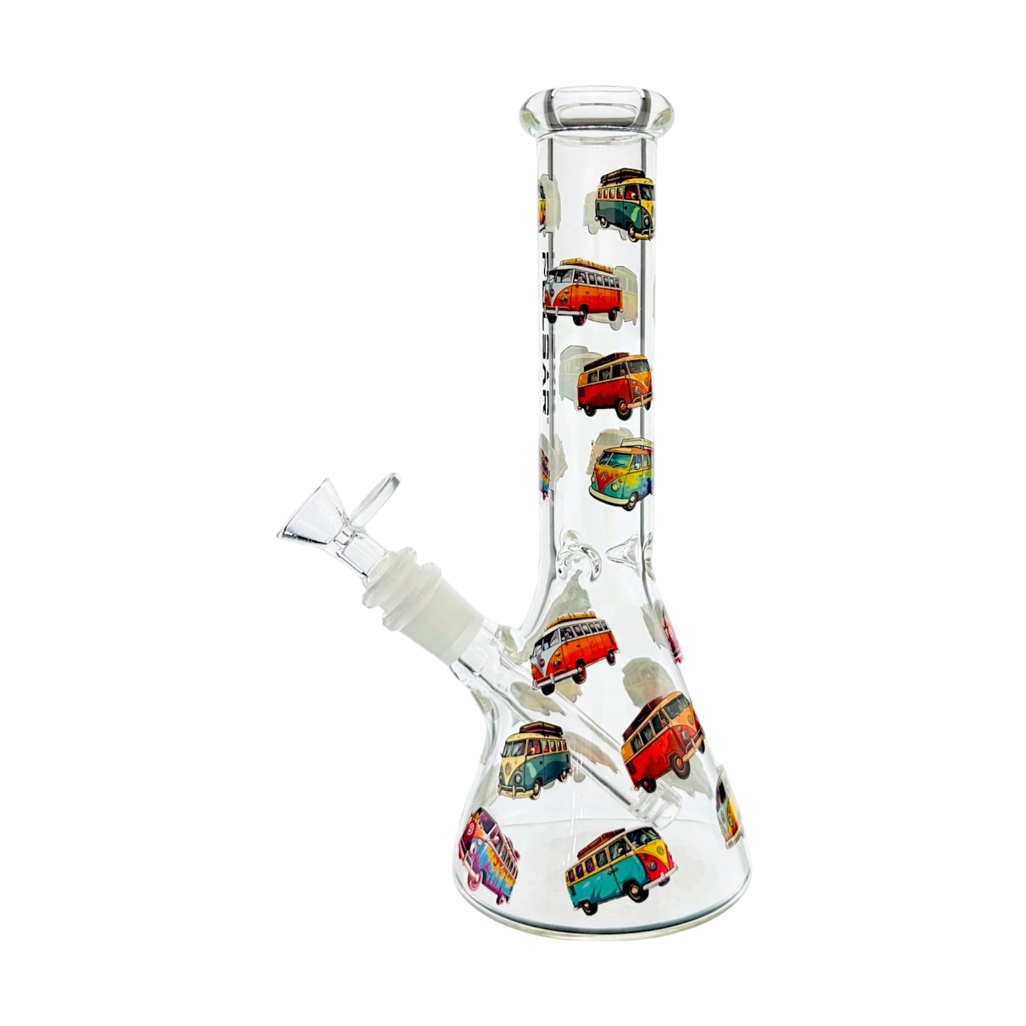 Clear glass water pipe with a colorful pattern of retro buses, featuring a clear glass bowl and mouthpiece on a white background.