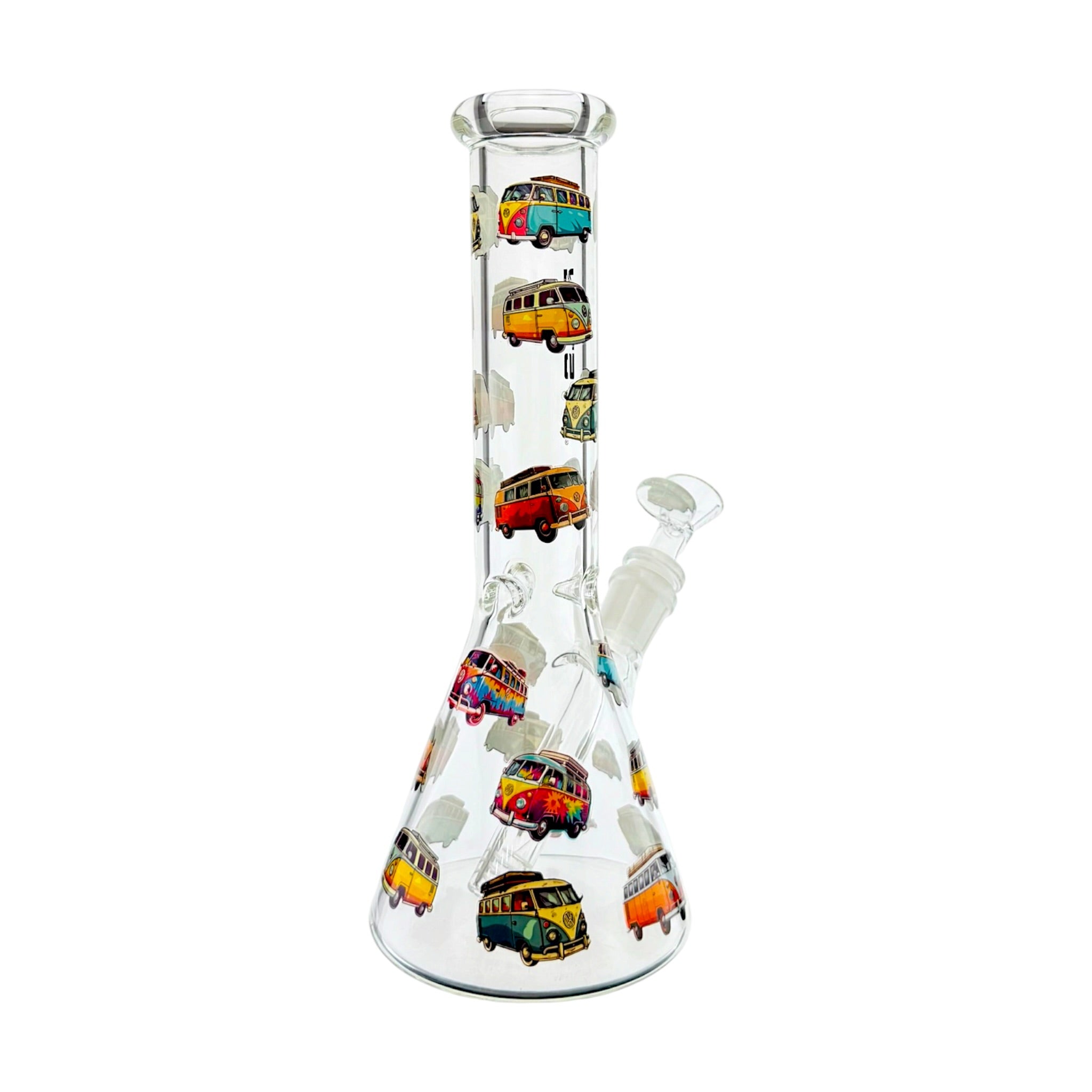Clear glass water pipe with multiple colorful retro VW bus illustrations printed around the neck and bowl chamber, shown on a plain white background.