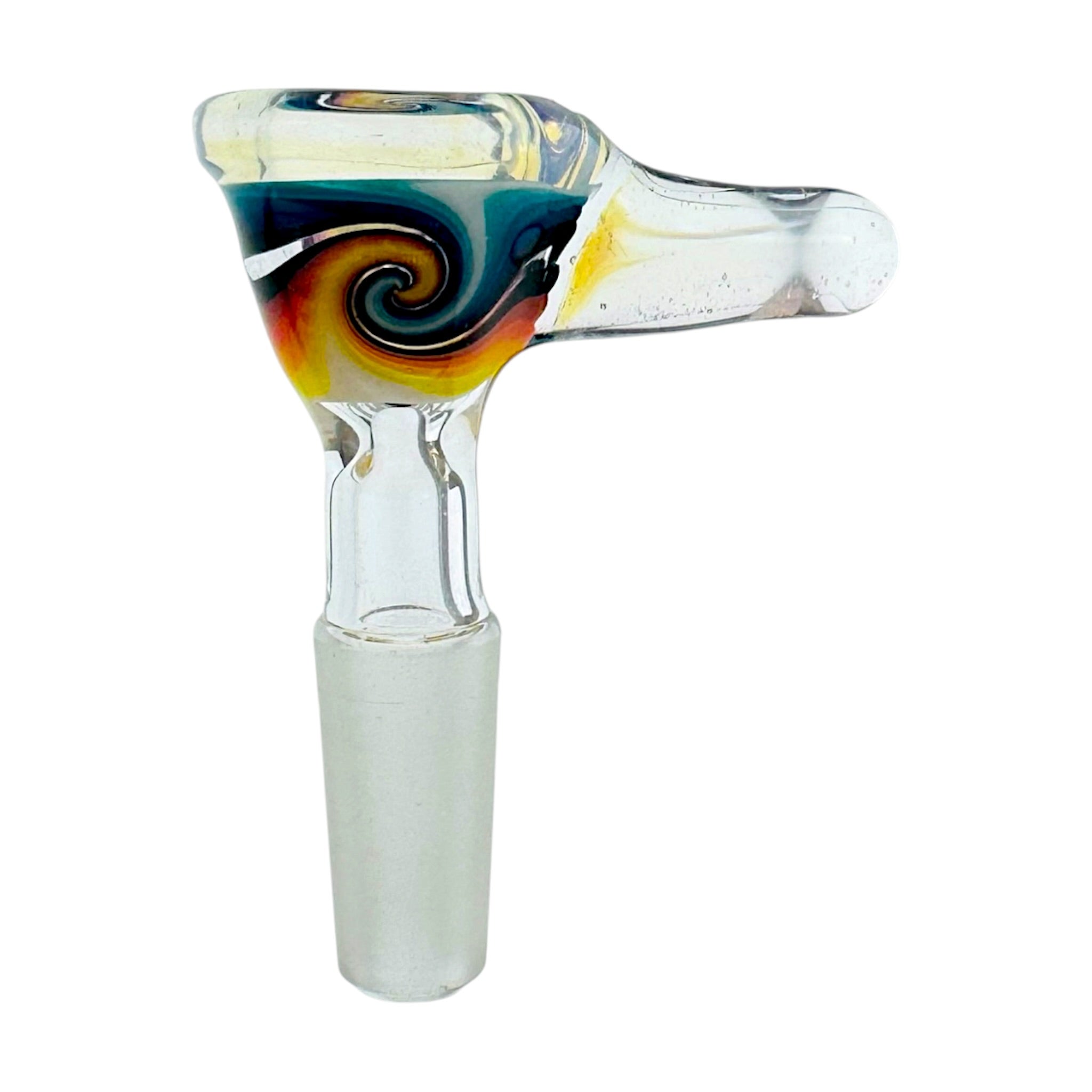 A clear glass water pipe bowl with a colorful swirl design in blue, yellow, orange, and black, featuring a clear glass mouthpiece and a white glass base.