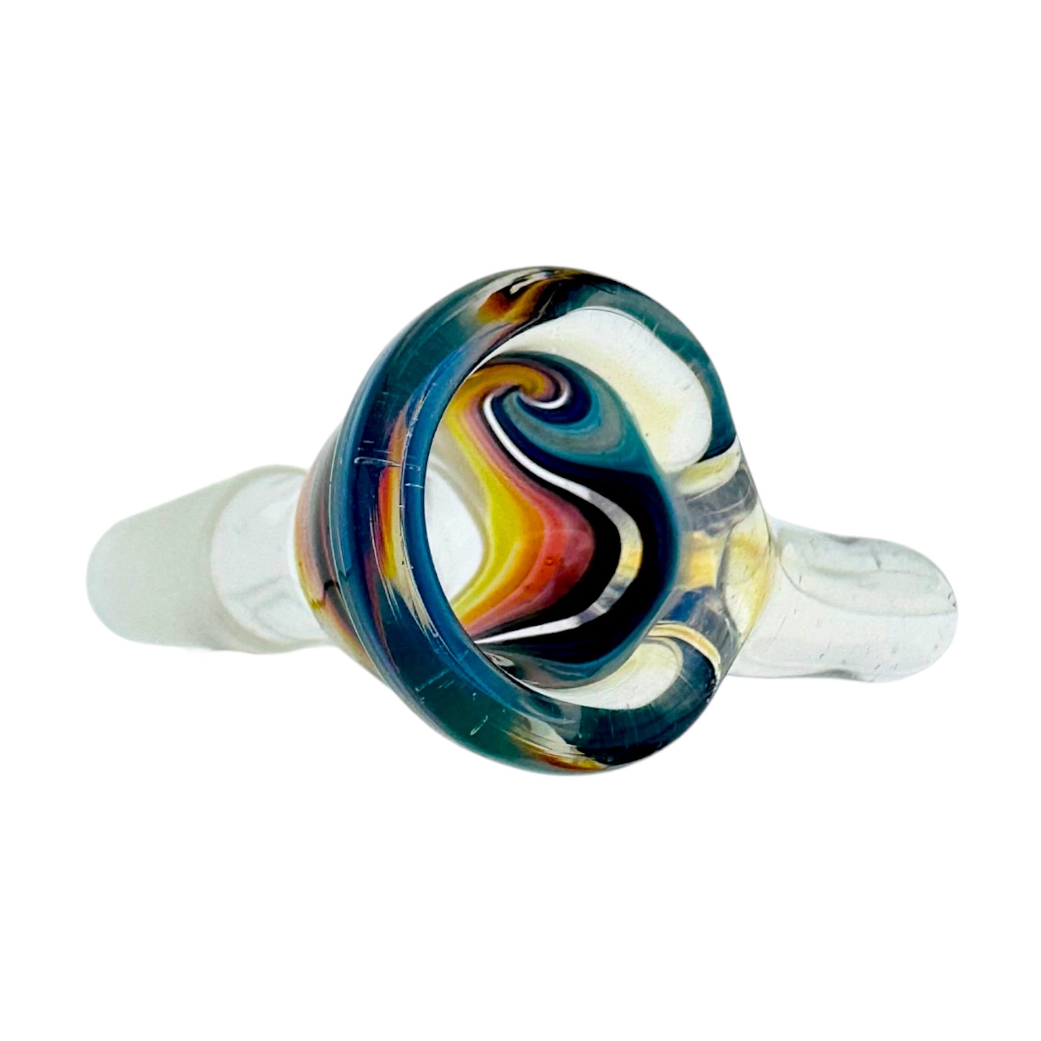 A glass water pipe bowl smoking accessory with a large, swirled, multicolored glass bowl featuring blue, yellow, orange, pink, and black patterns, set against a solid white background.