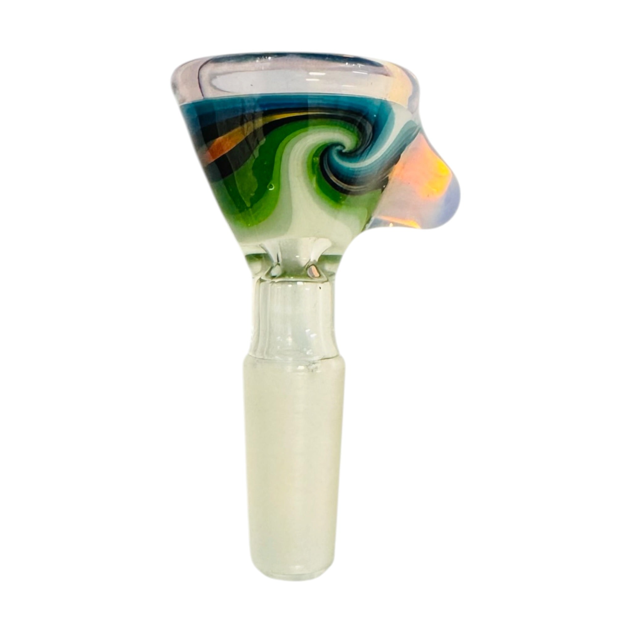 A hand-blown glass 10mm water pipe bowl with a clear glass stem and a decorative top featuring swirls of green, blue, orange, and yellow on a white background.