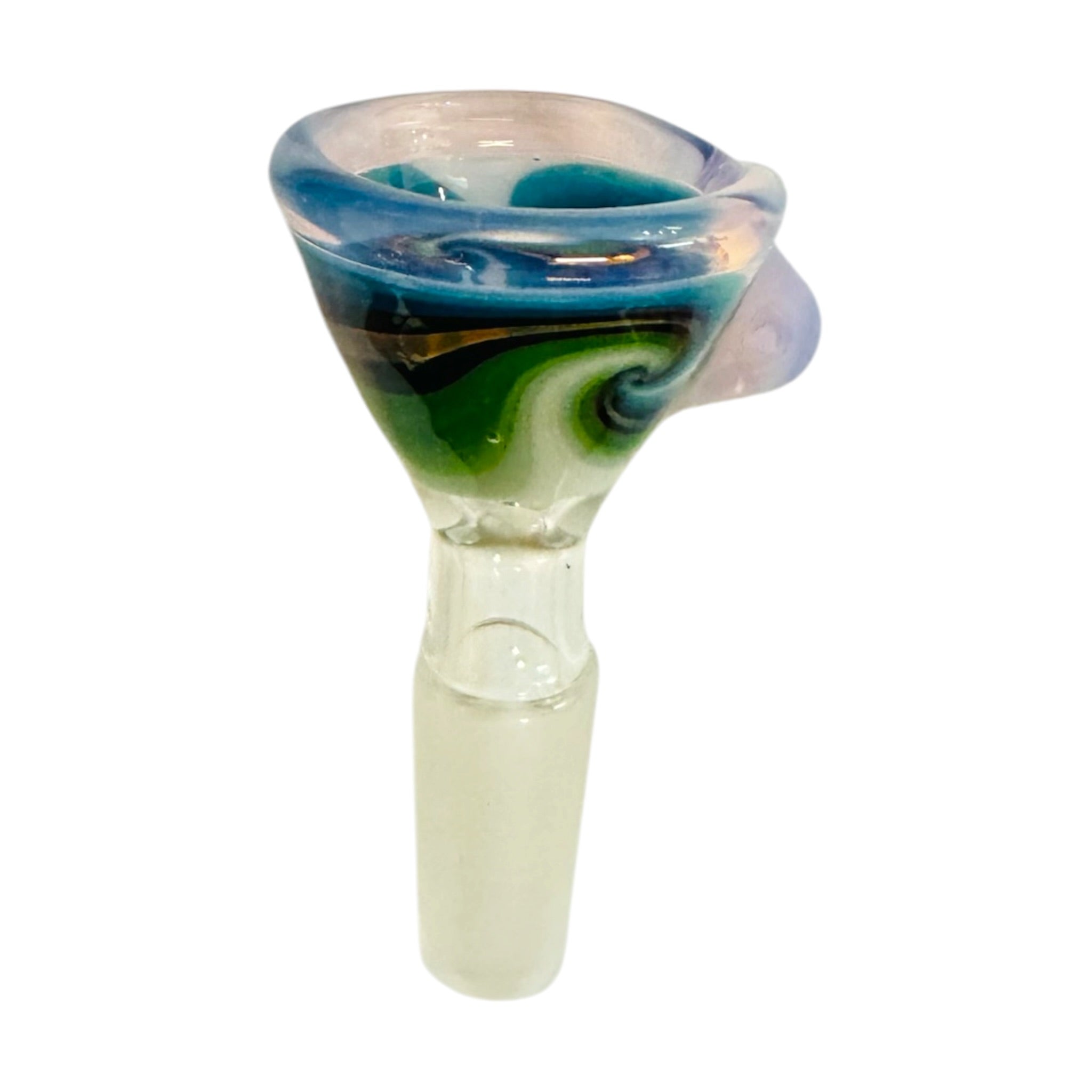 A hand-blown glass 10mm water pipe bowl with a clear stem, featuring a marbled design of blue, green, and white swirls on a transparent glass base.