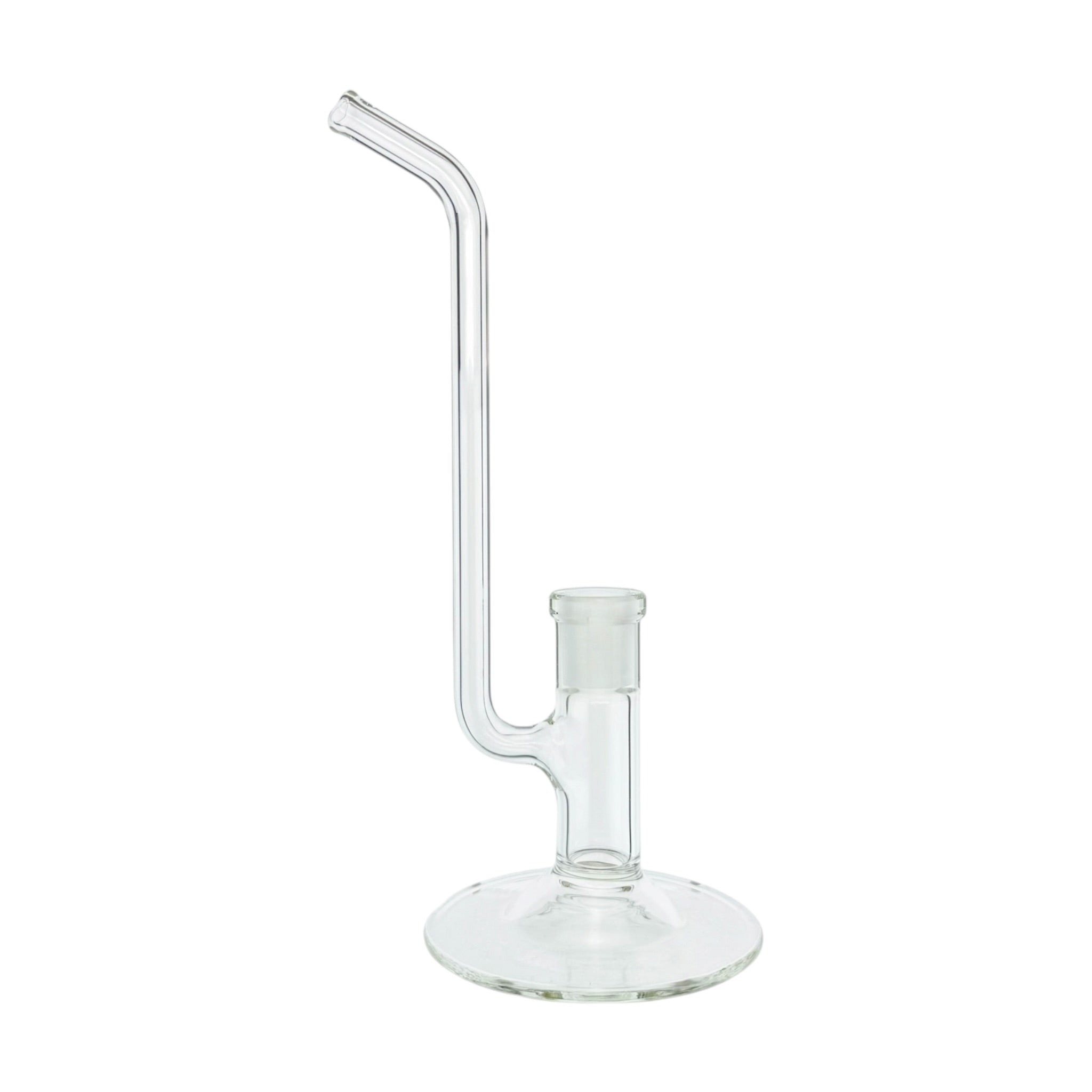 Clear glass water pipe or bong with a curved neck, side branch, and round base on a plain white background.