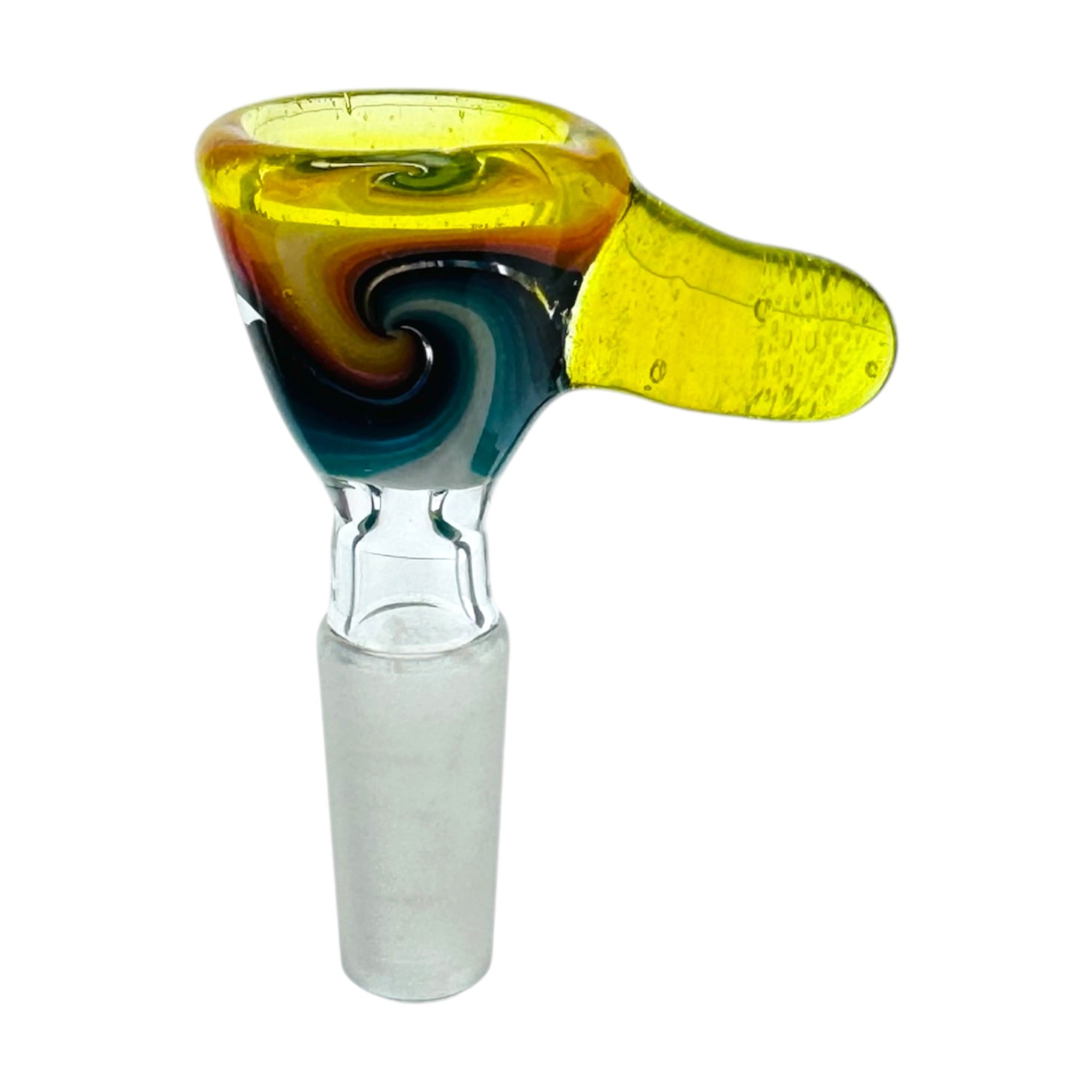 N3RD Glass hand made water pipe bowl 10mm Flower Bowl Lemon Drop Yellow Rim And Handle With Fire and Ice Linework