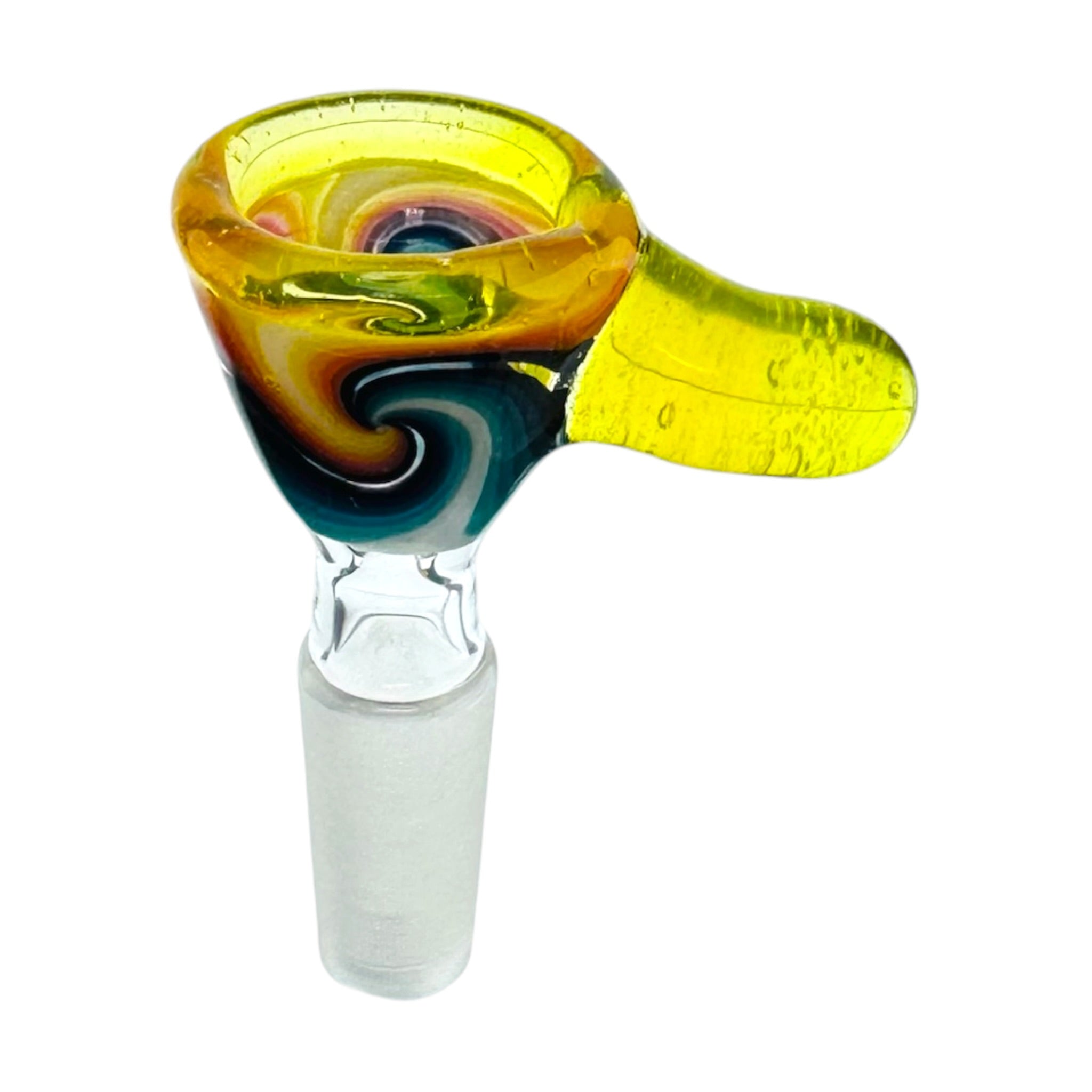 N3RD Glass hand made water pipe bowl 10mm Flower Bowl Lemon Drop Yellow Rim And Handle With Fire and Ice Linework