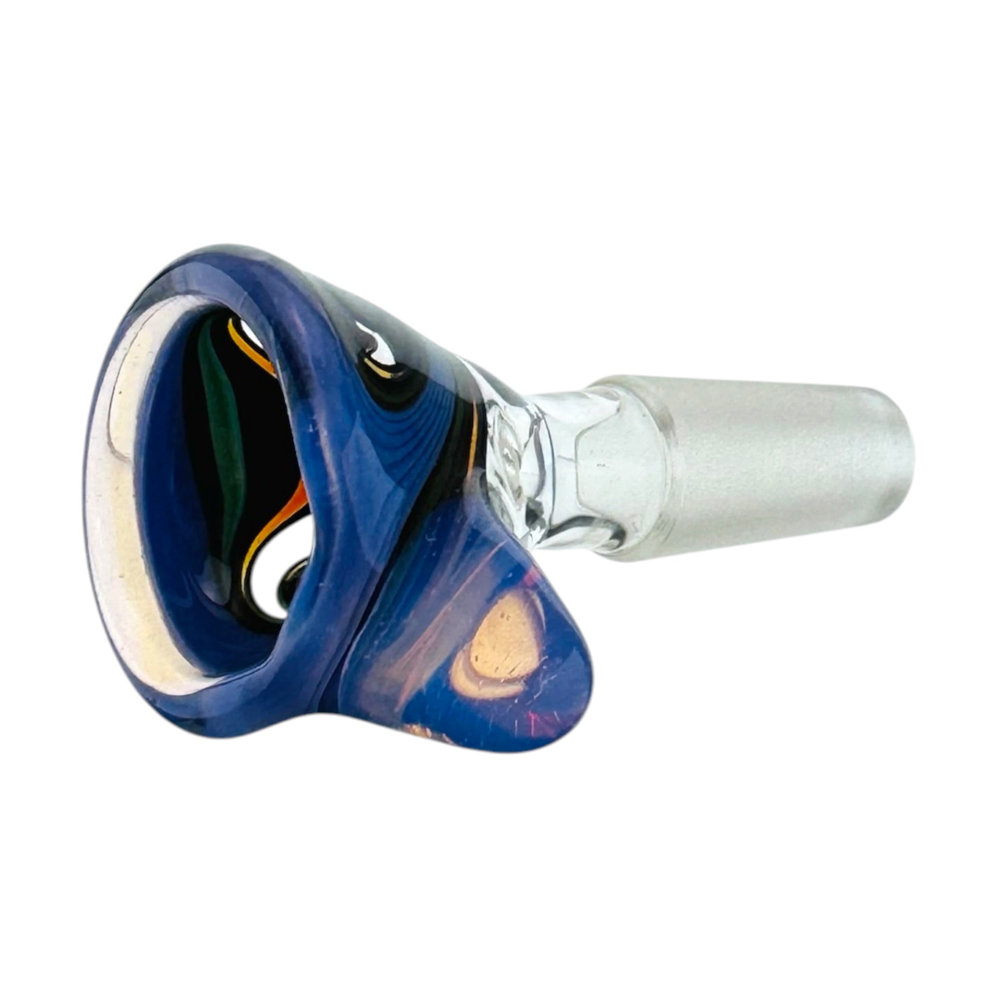 A hand-blown glass water pipe bowl with a deep blue marbled pattern and a clear glass stem, shown on a plain white background.