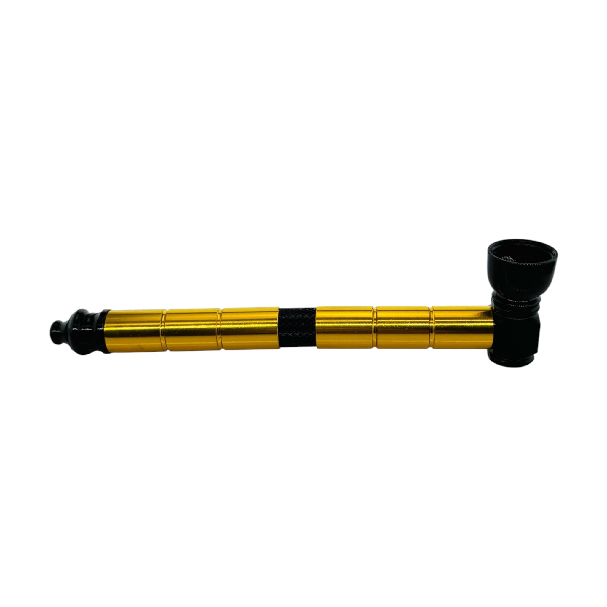 A metallic gold and black segmented pipe with a black bowl, shown horizontally against a plain white background.