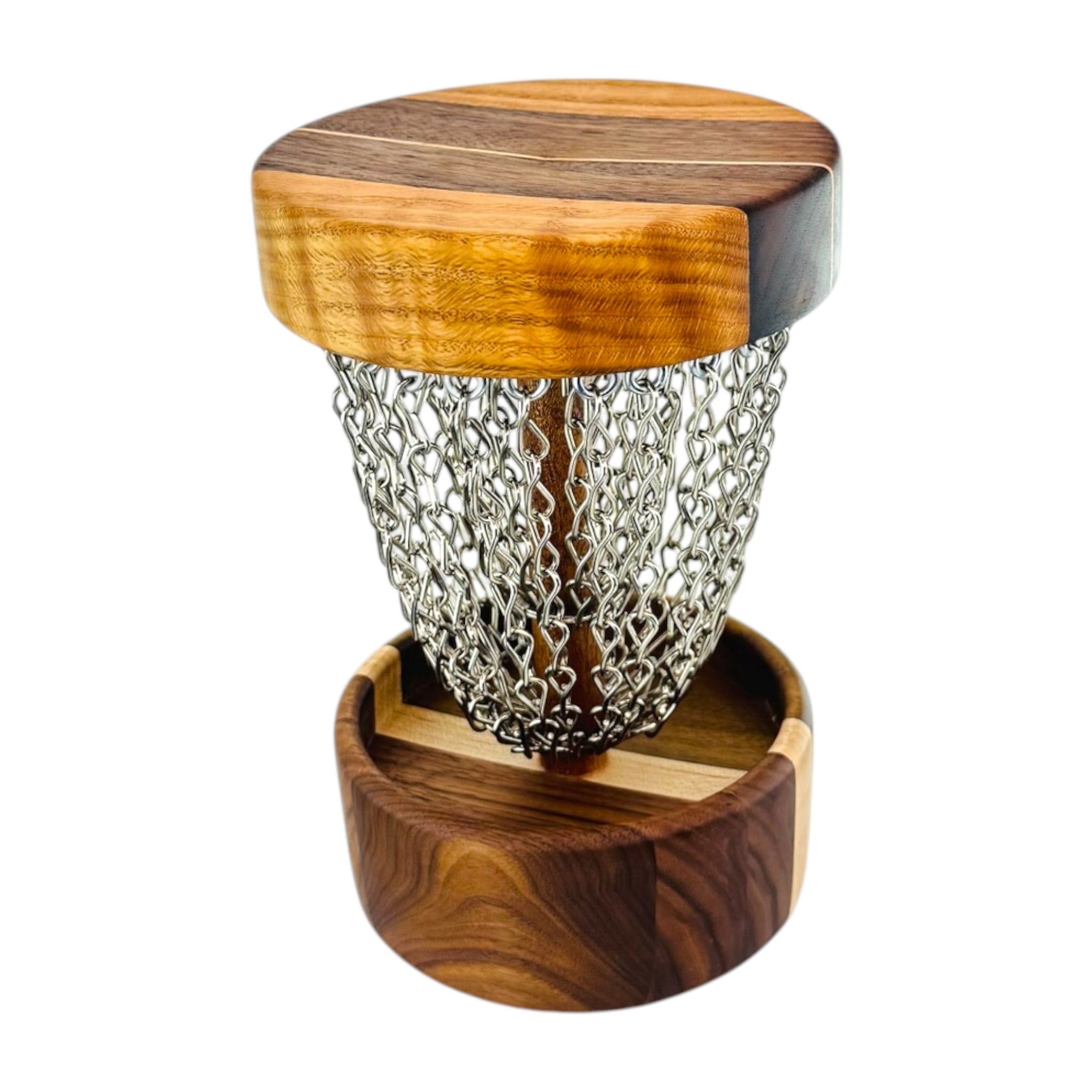 Handmade Wood Disc Golf Net Small Desktop Sized - Mahogany & Black Walnut Base With Curley Oak & Black Walnut Top