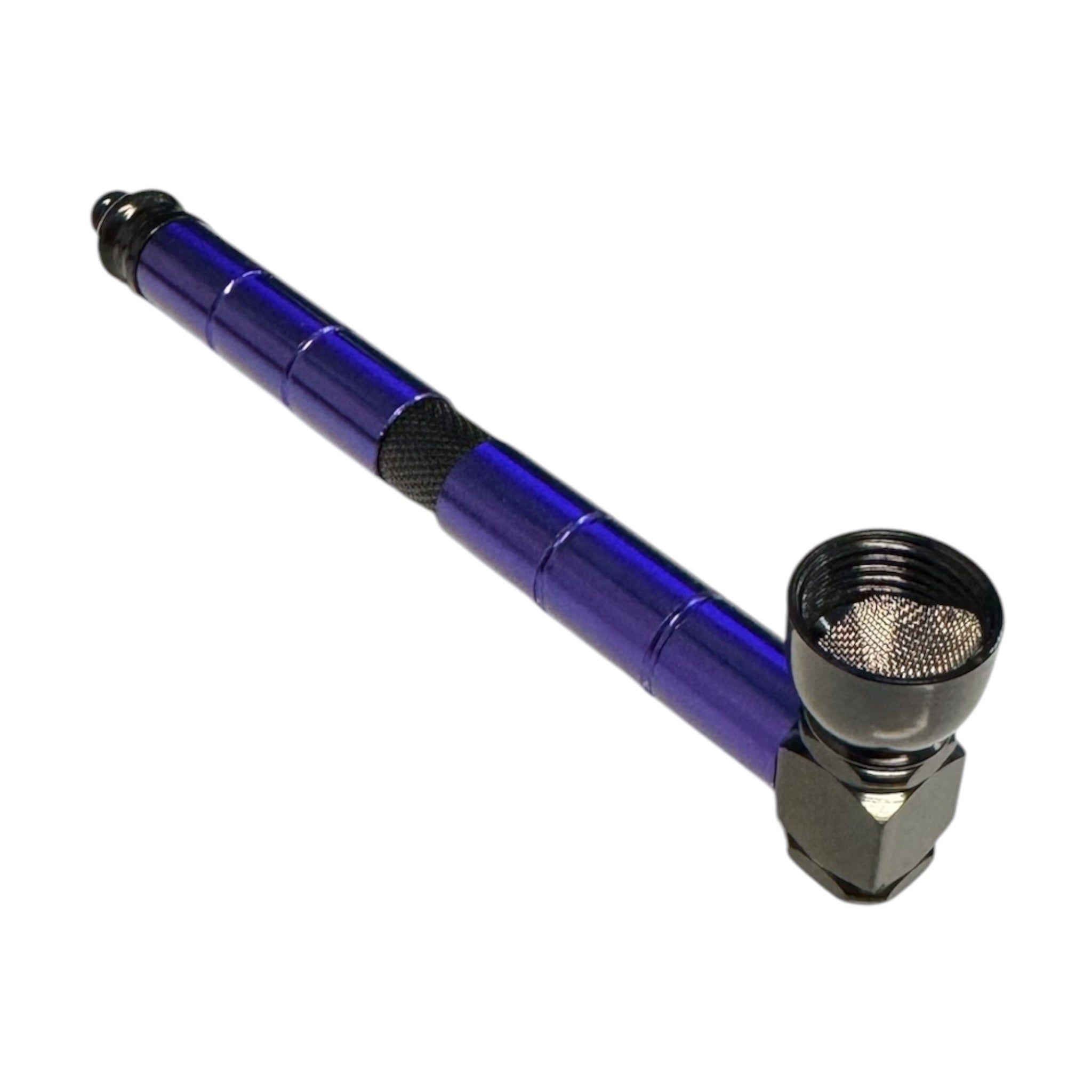 Striking deep purple and black two-tone aluminum hand pipe featuring a 6-inch extended stem design