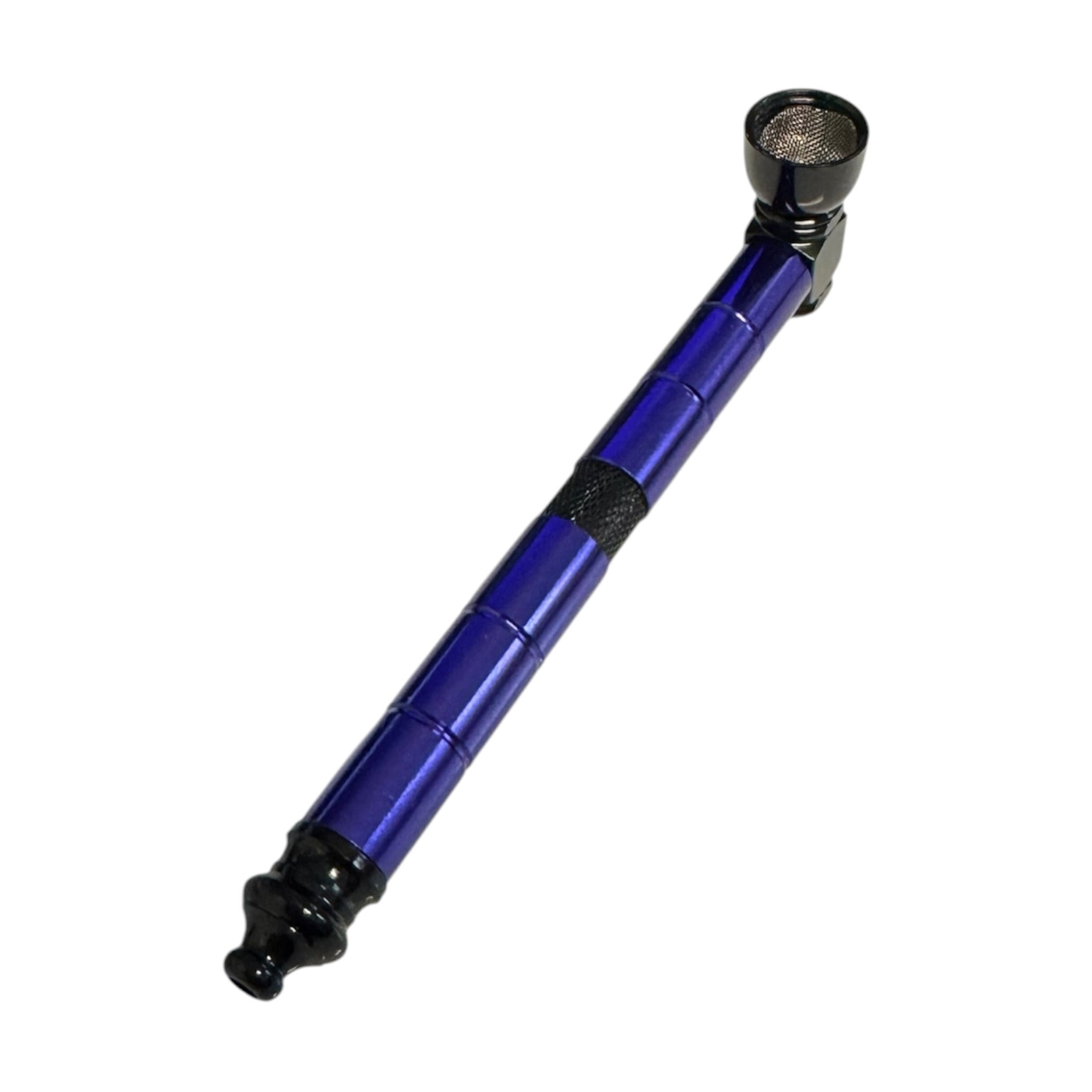 Striking deep purple and black two-tone aluminum hand pipe featuring a 6-inch extended stem design