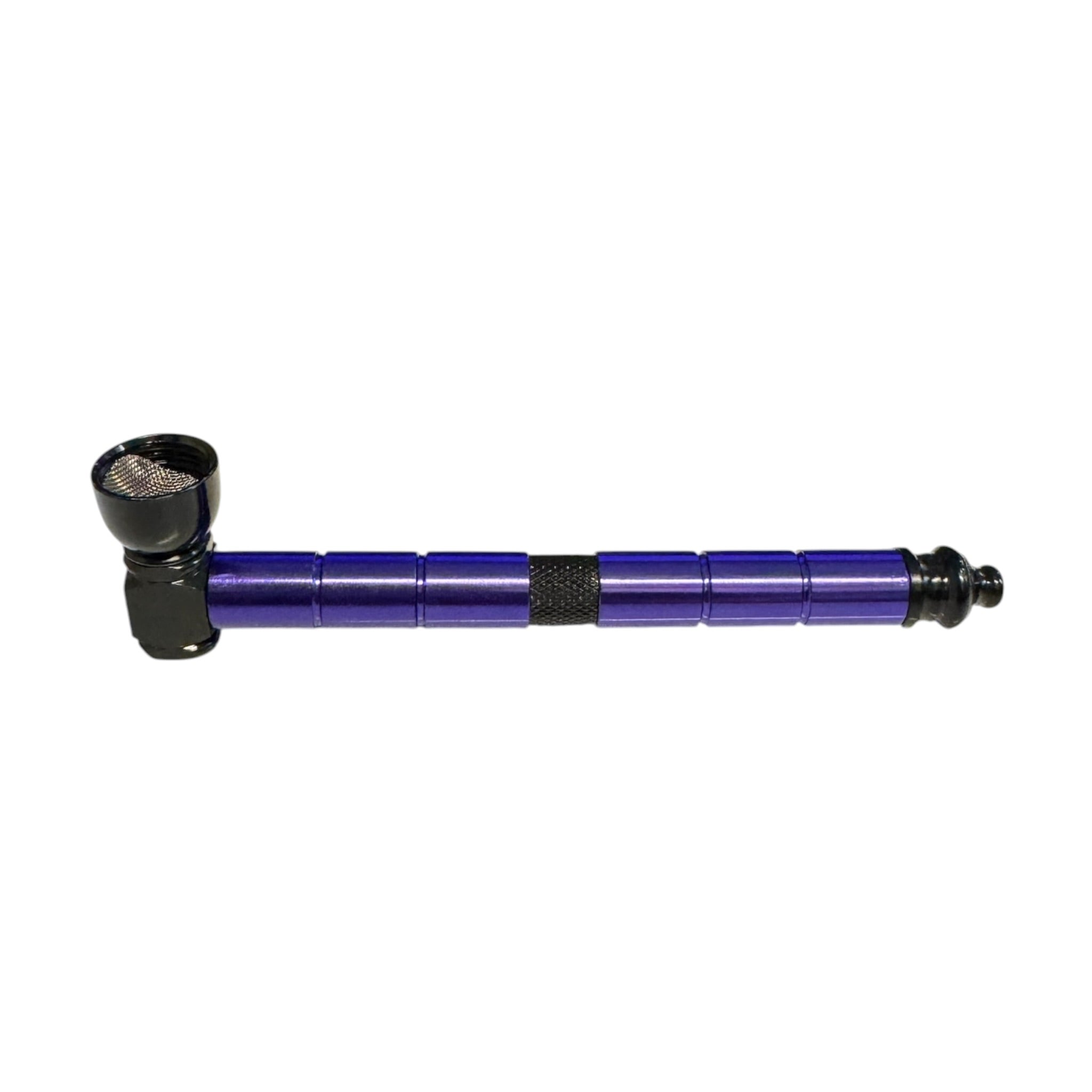 Striking deep purple and black two-tone aluminum hand pipe featuring a 6-inch extended stem design