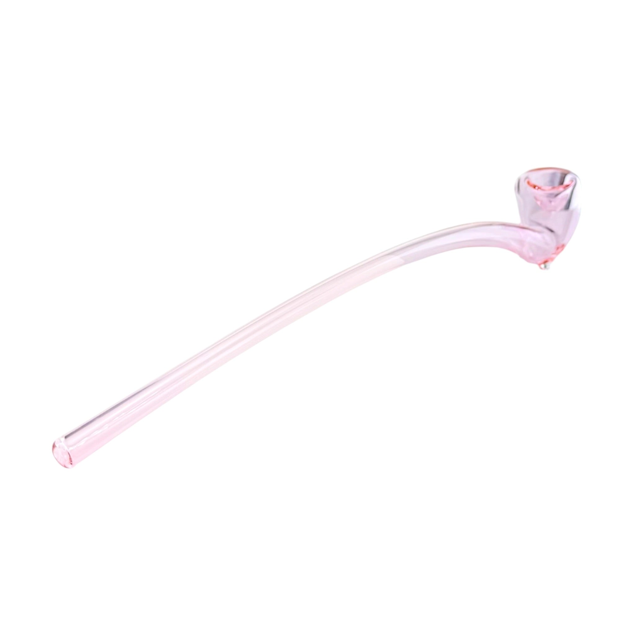 A translucent pink glass sherlock smoking pipe with a curved stem and a small bowl, shown on a plain white background.