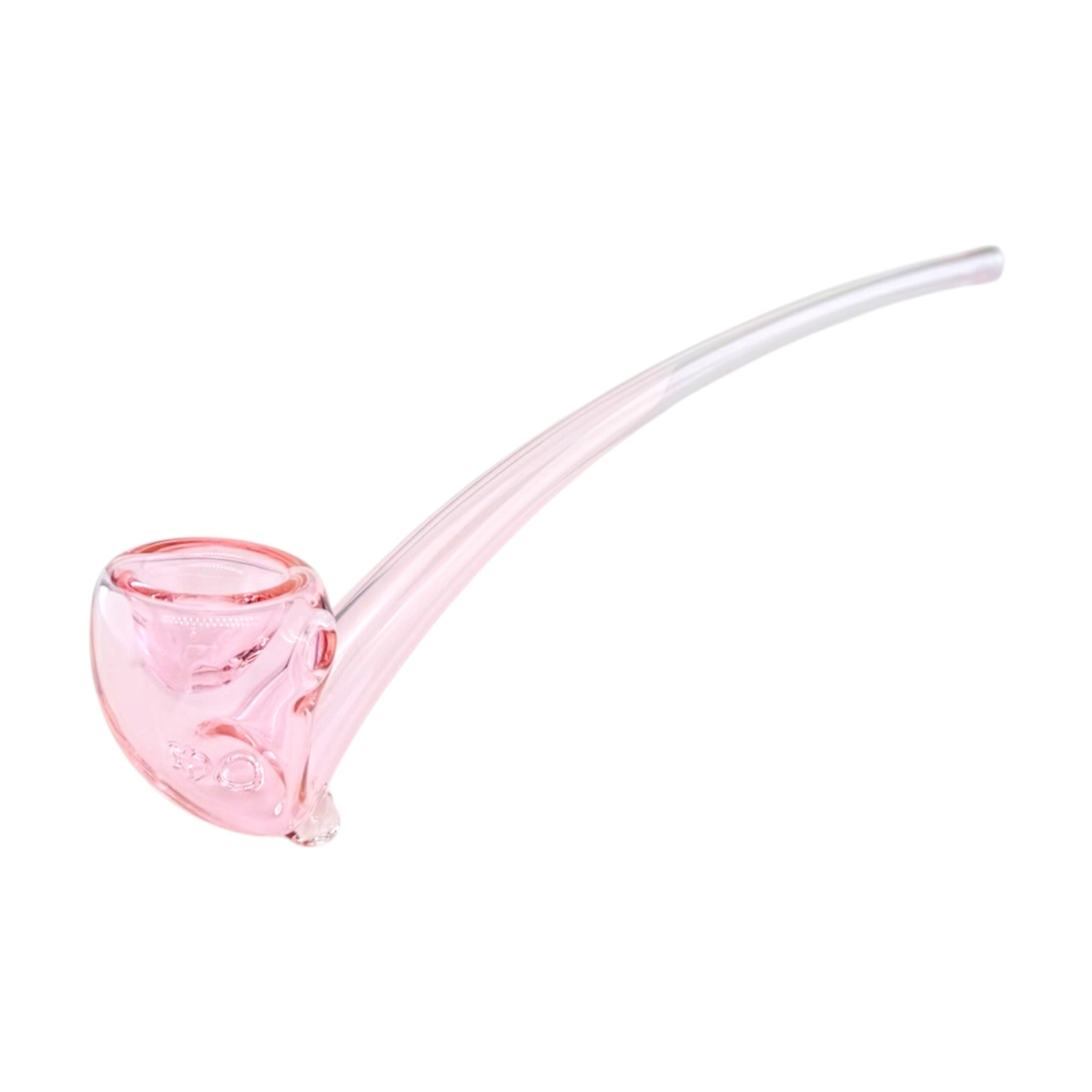 A translucent pink glass smoking pipe with a long, curved stem on a plain white background.