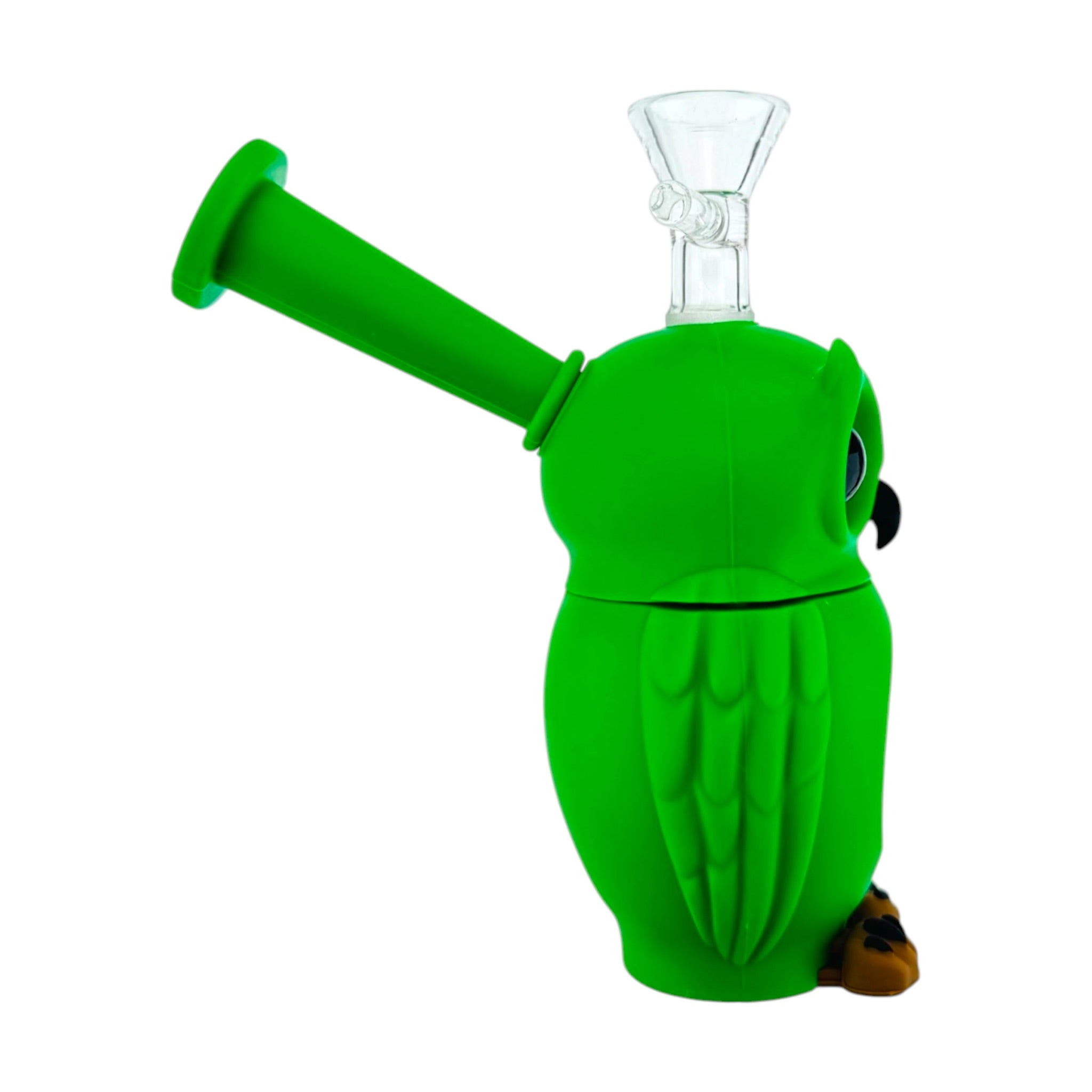 A green owl-shaped silicone or rubber water pipe bong with a clear glass bowl piece attached at the top, photographed on a plain white background.