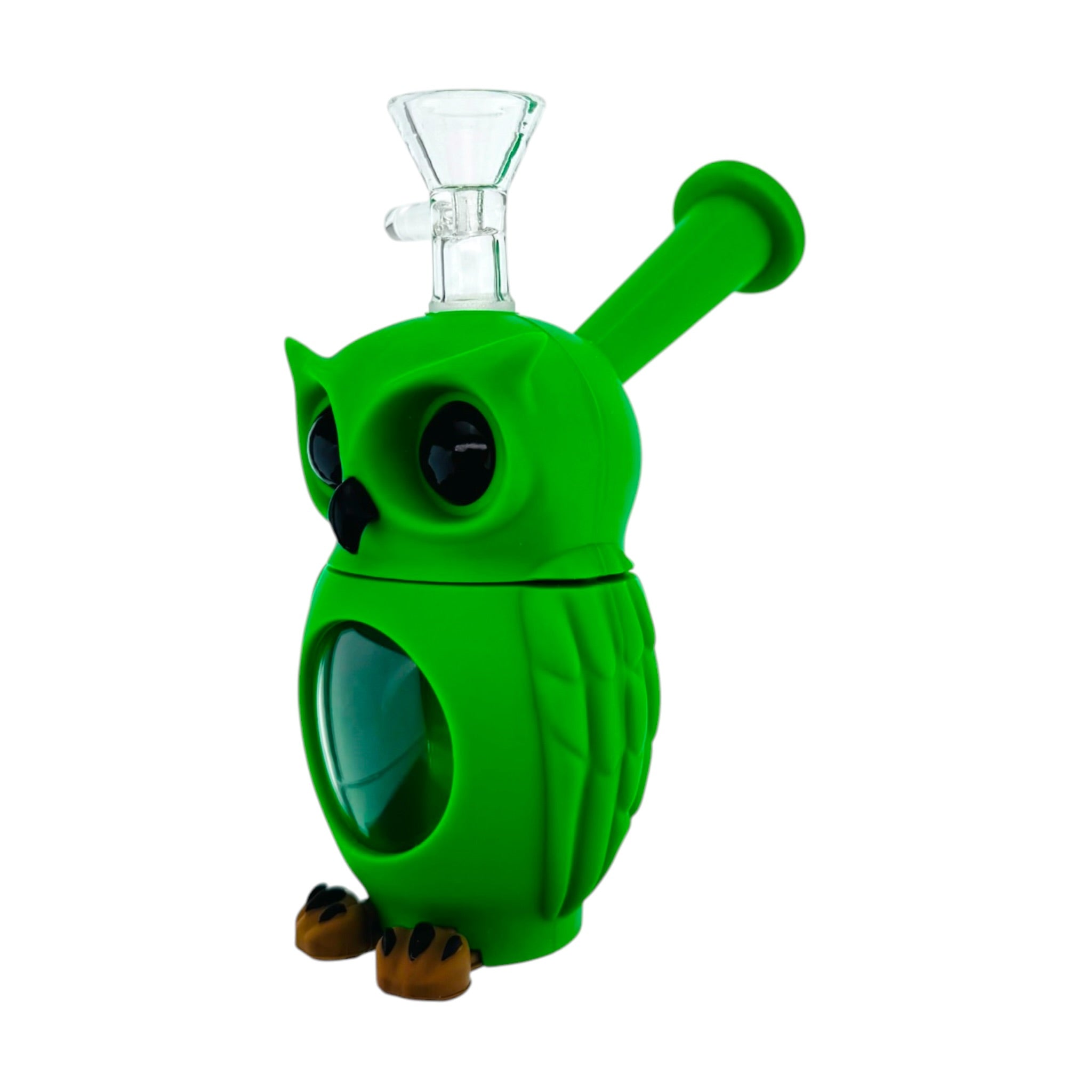 A green owl-shaped silicone or rubber water pipe bong with a clear glass bowl piece attached at the top, photographed on a plain white background.