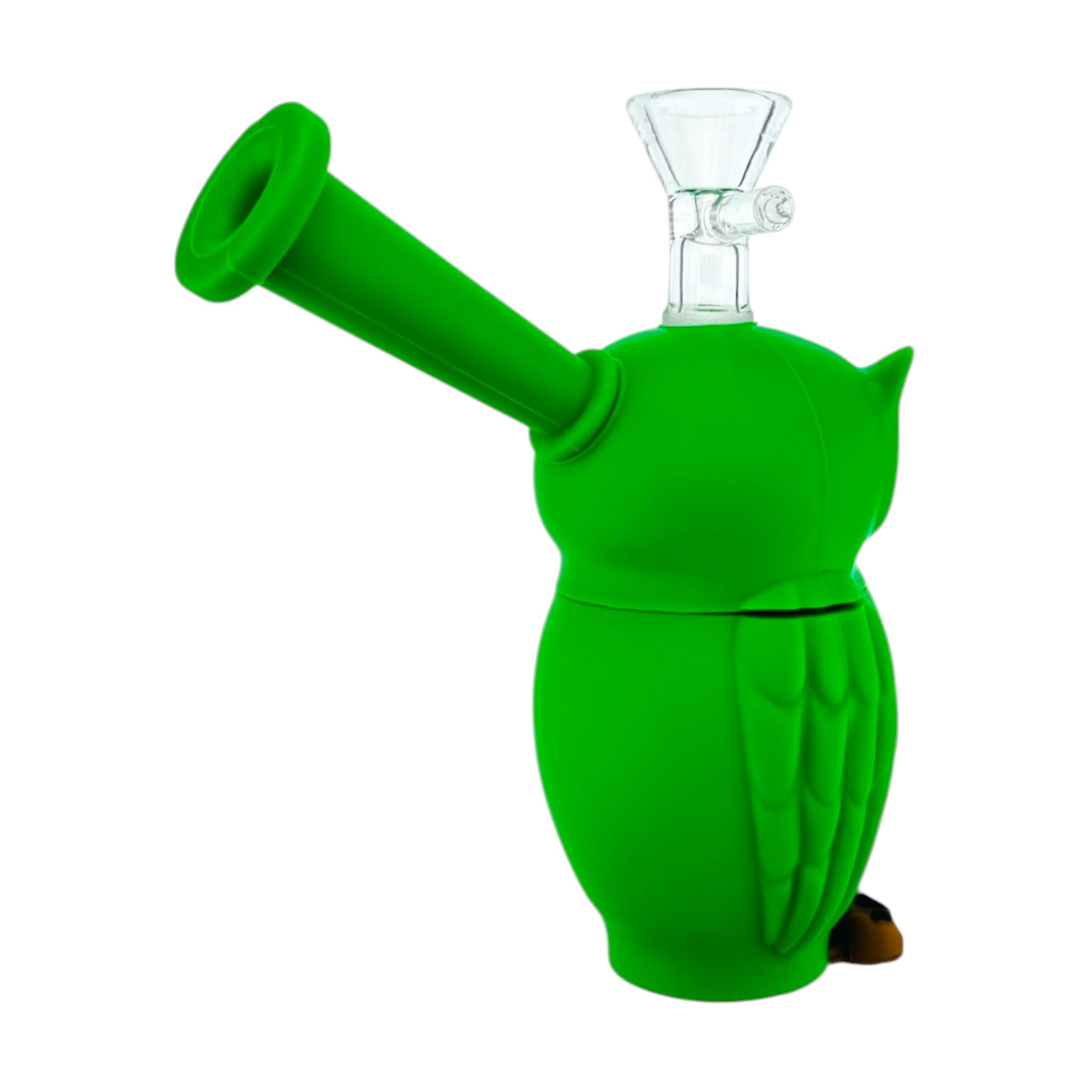 A green owl-shaped silicone or rubber water pipe bong with a clear glass bowl piece attached at the top, photographed on a plain white background.