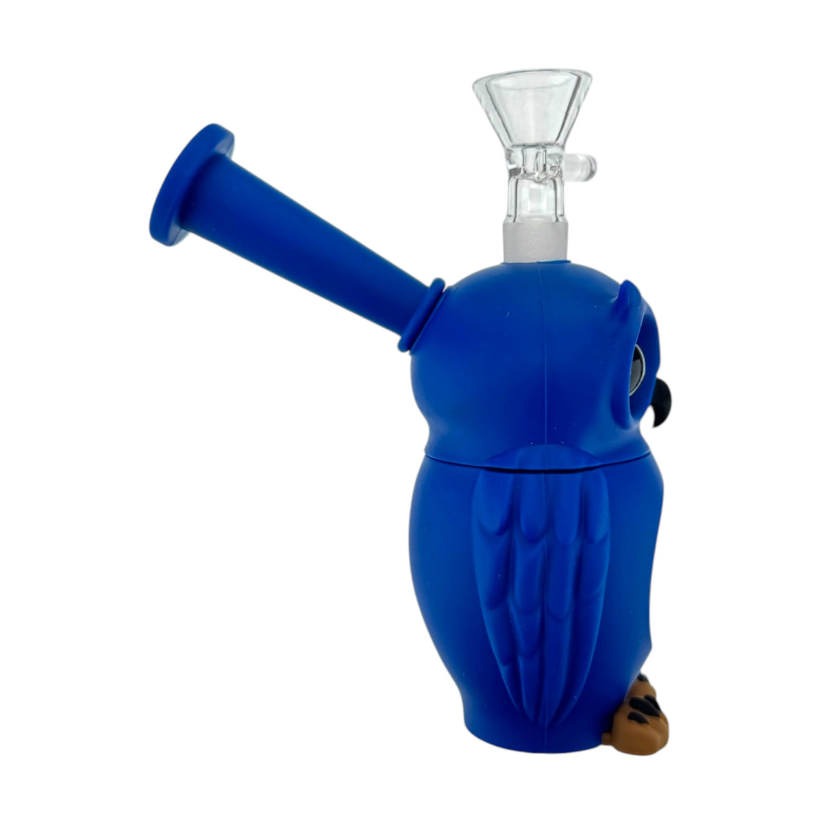 A green owl-shaped silicone or rubber water pipe bong with a clear glass bowl piece attached at the top, photographed on a plain white background.