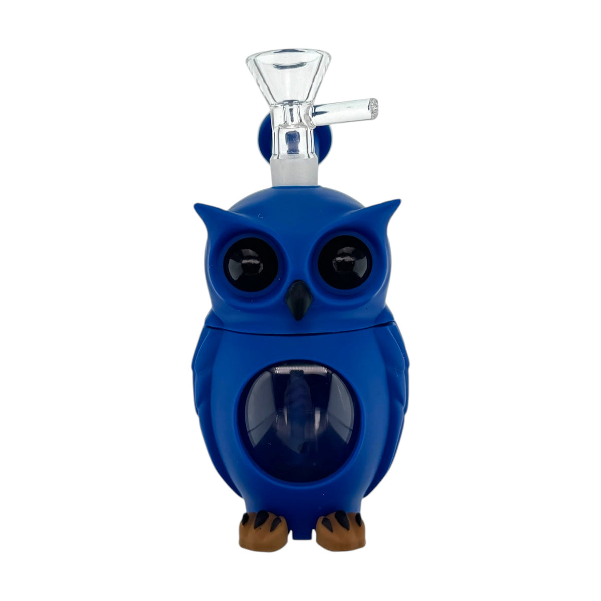 A green owl-shaped silicone or rubber water pipe bong with a clear glass bowl piece attached at the top, photographed on a plain white background.