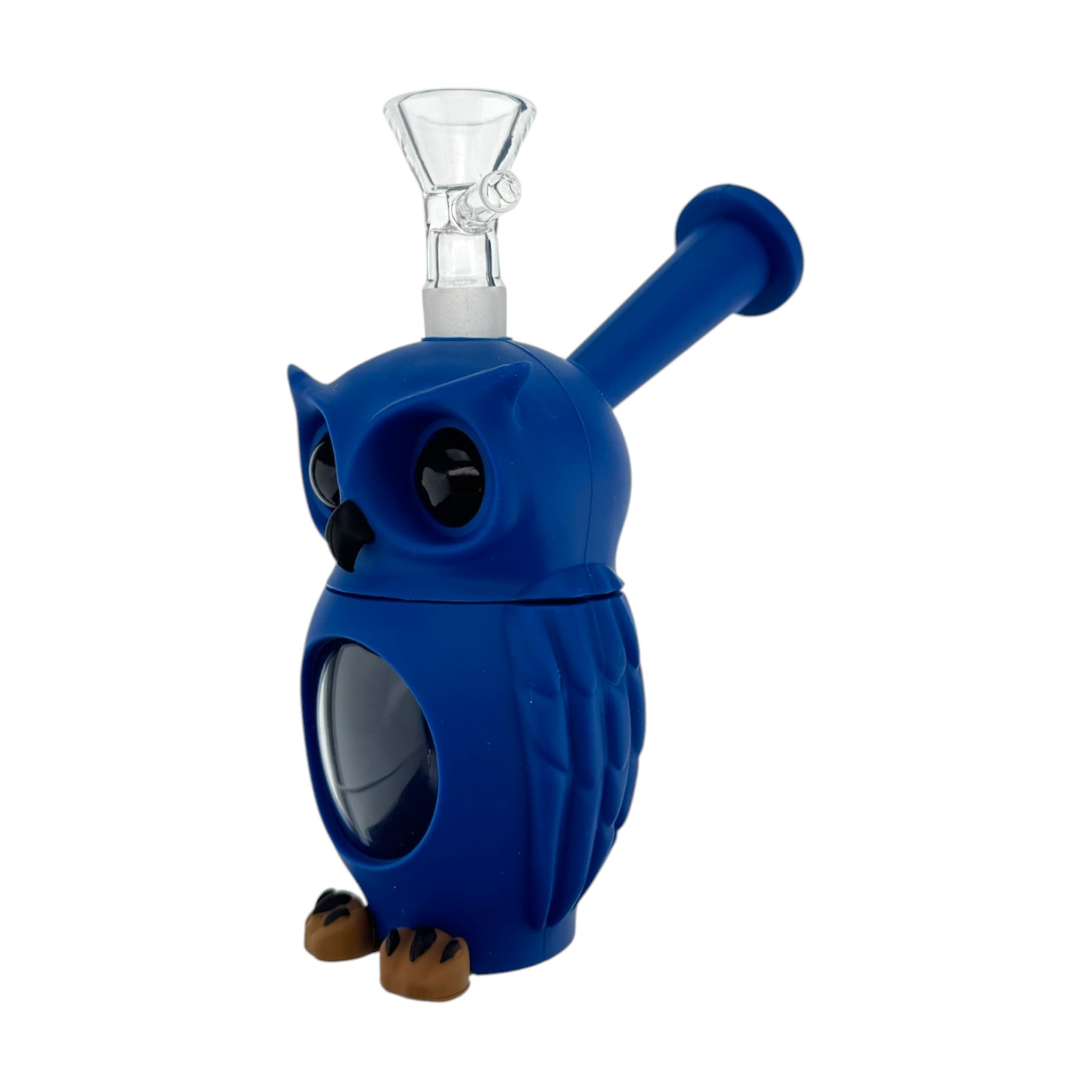 A green owl-shaped silicone or rubber water pipe bong with a clear glass bowl piece attached at the top, photographed on a plain white background.