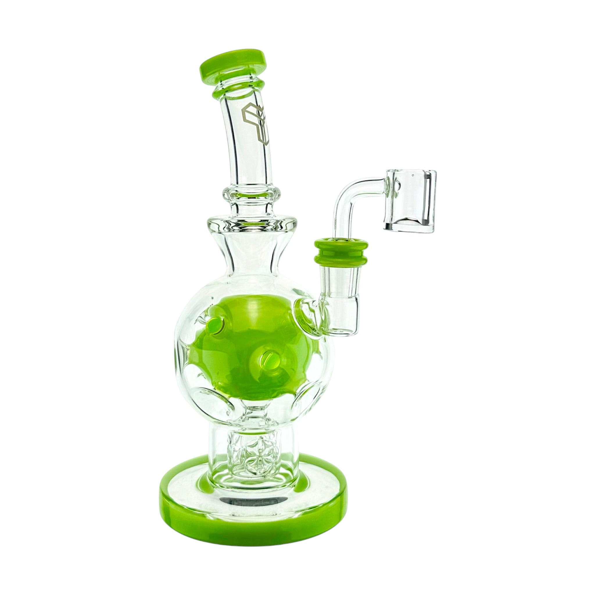 Clear glass water pipe with bright green accents, including a round base, neck stopper, and bowl piece, shown on a plain white background.
