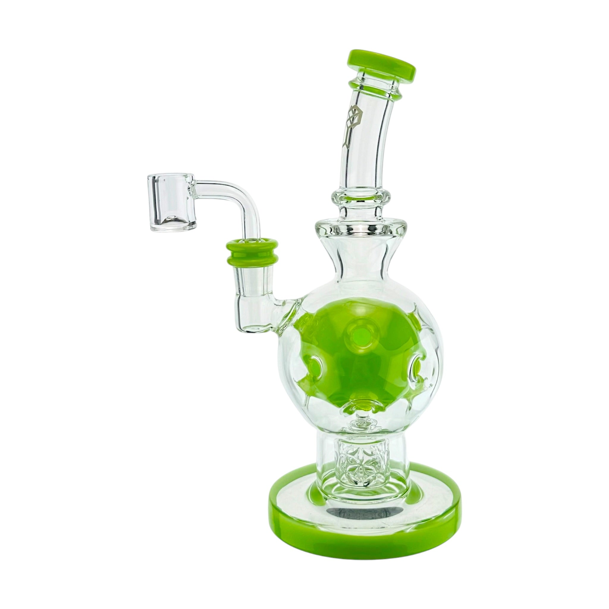 Clear glass water pipe with bright green accents, including the base, mouthpiece, and inner chamber, shown on a plain white background.