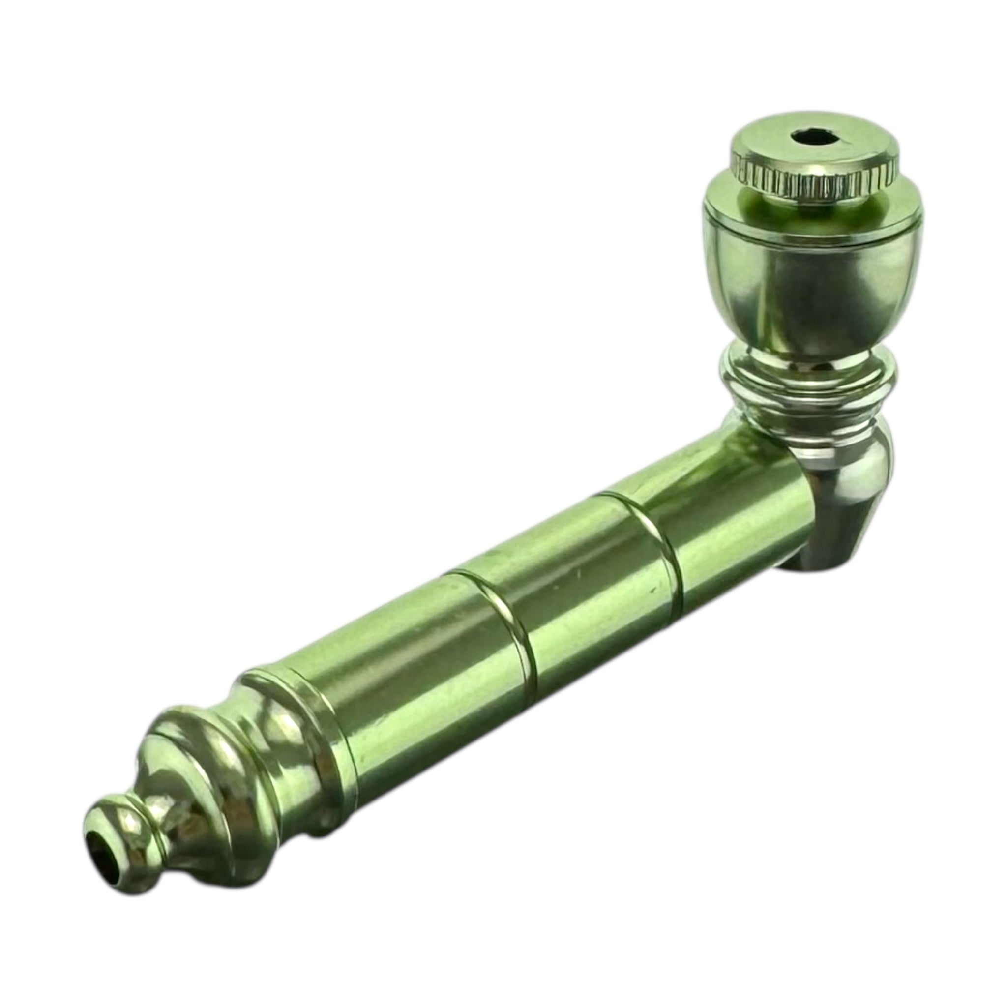 Green metal hand pipe for cannabis on a white background