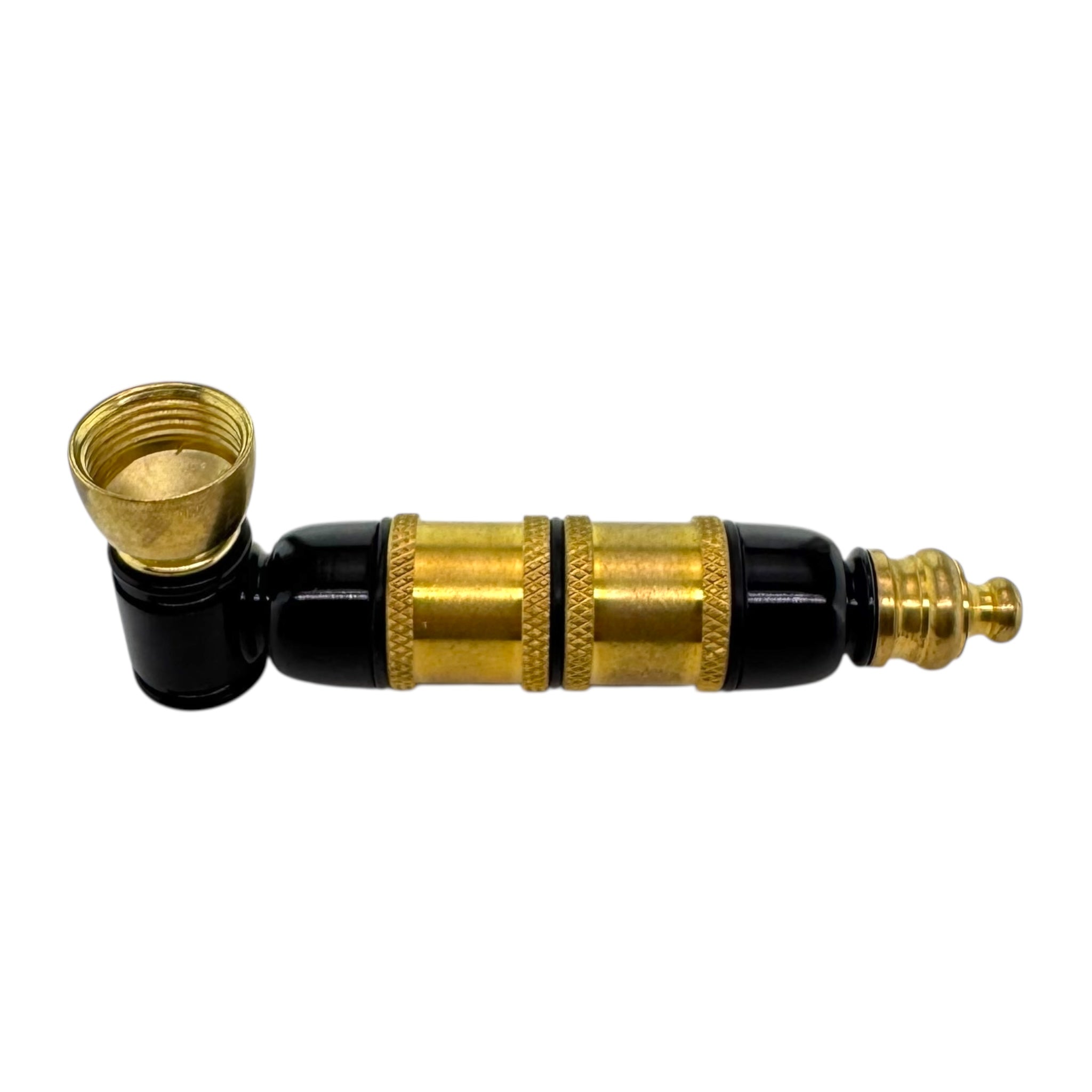 Brass and black pipe on a white background