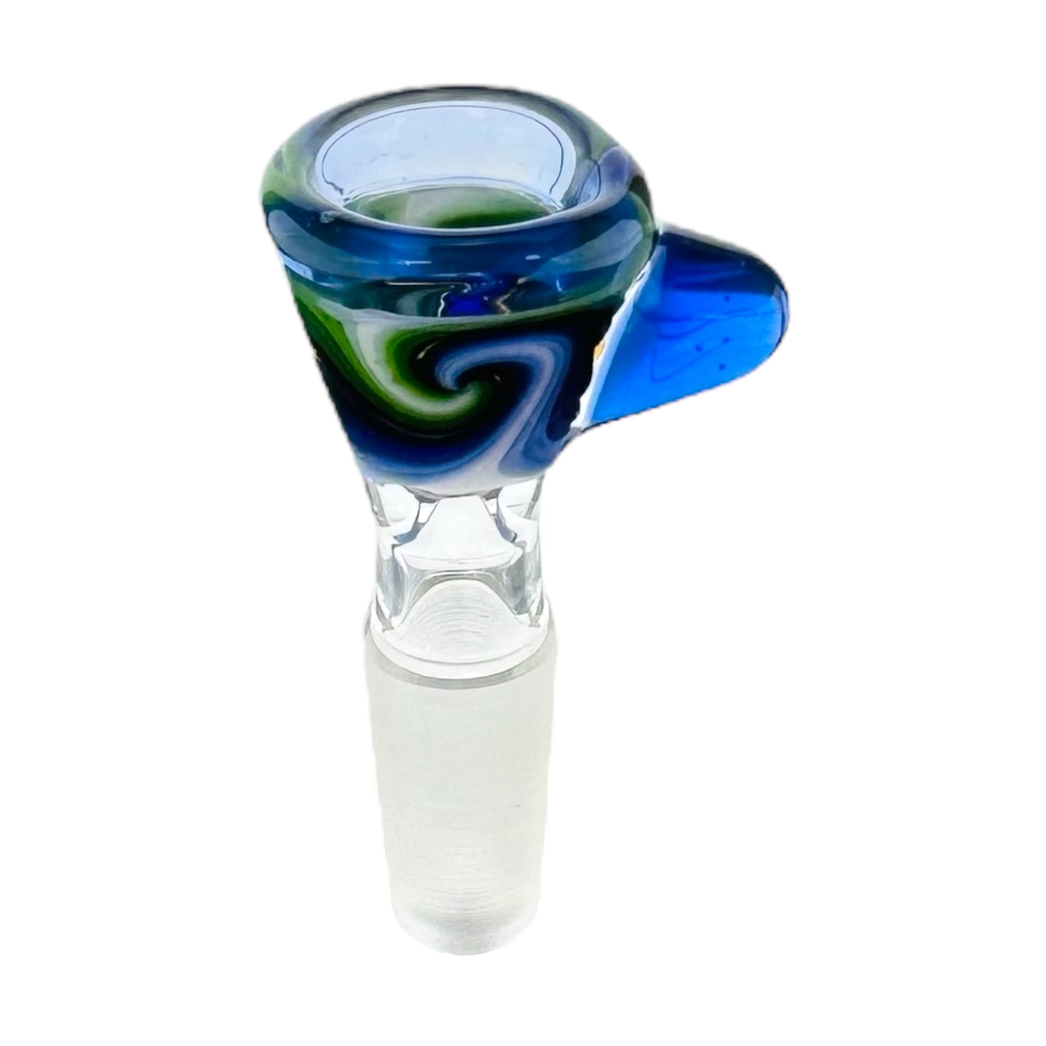 Glass smoking accessory with blue and green swirl design on a white background