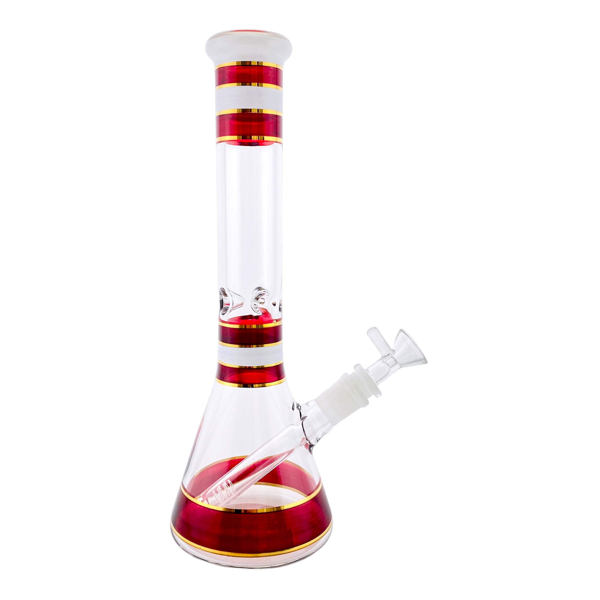 12 Inch Glass Beaker Bong With Red, White, And Gold Accents