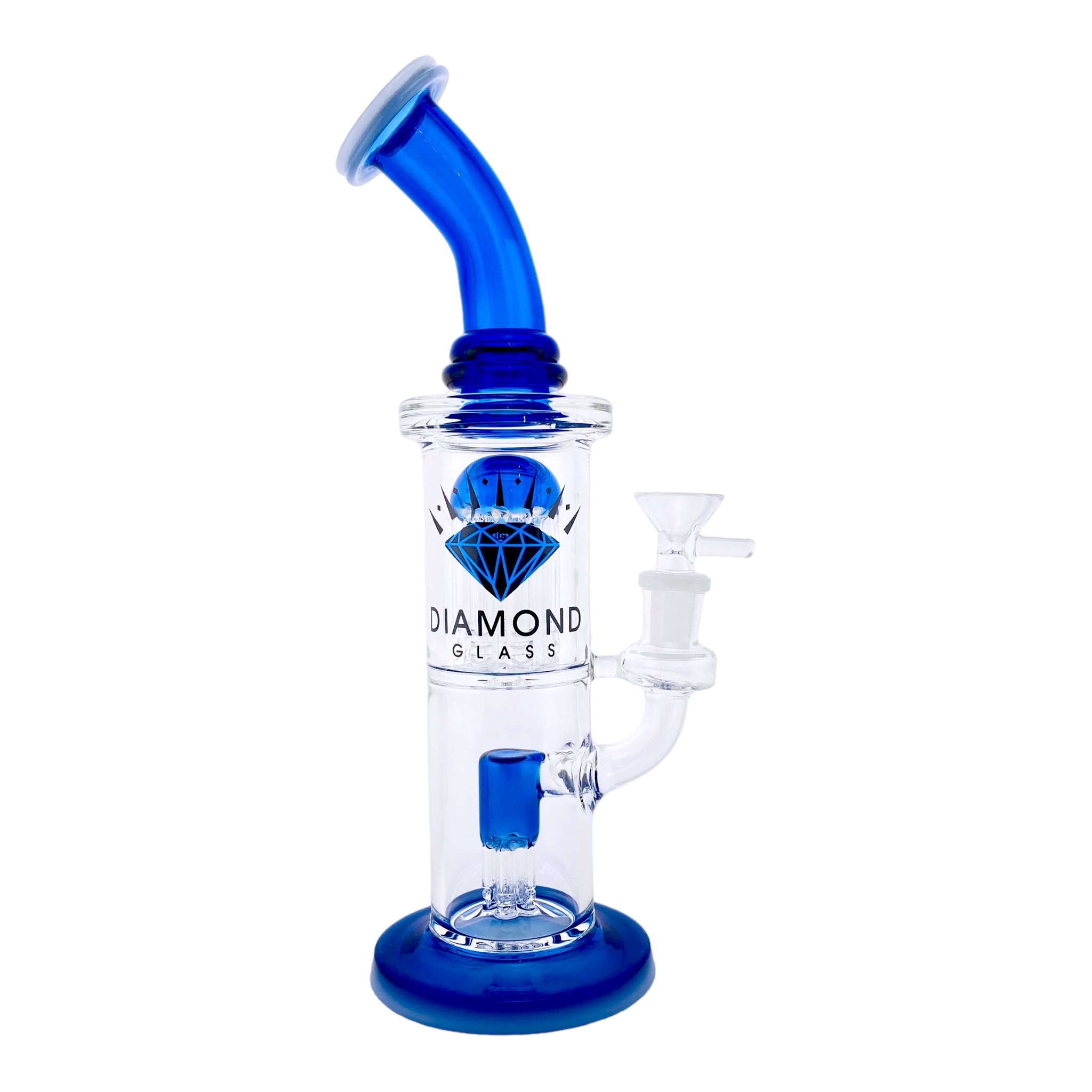 Diamond Glass Bubbler Bong With Double Tree Perc & Blue & White Accents
